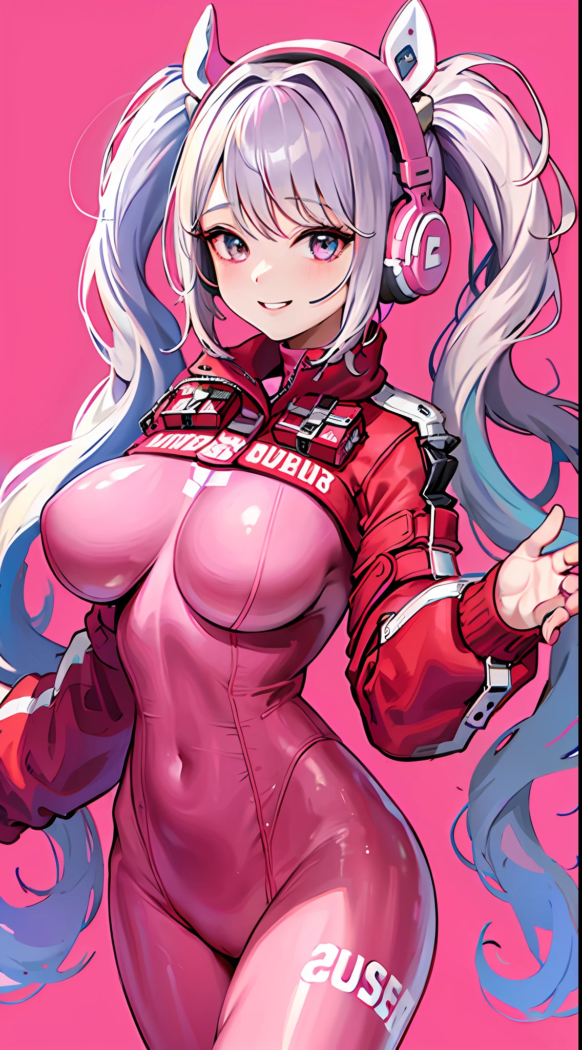 1girl, masterpiece, best quality, medium full shot, bodysuit, long pigtails, headphones, busty, smiling