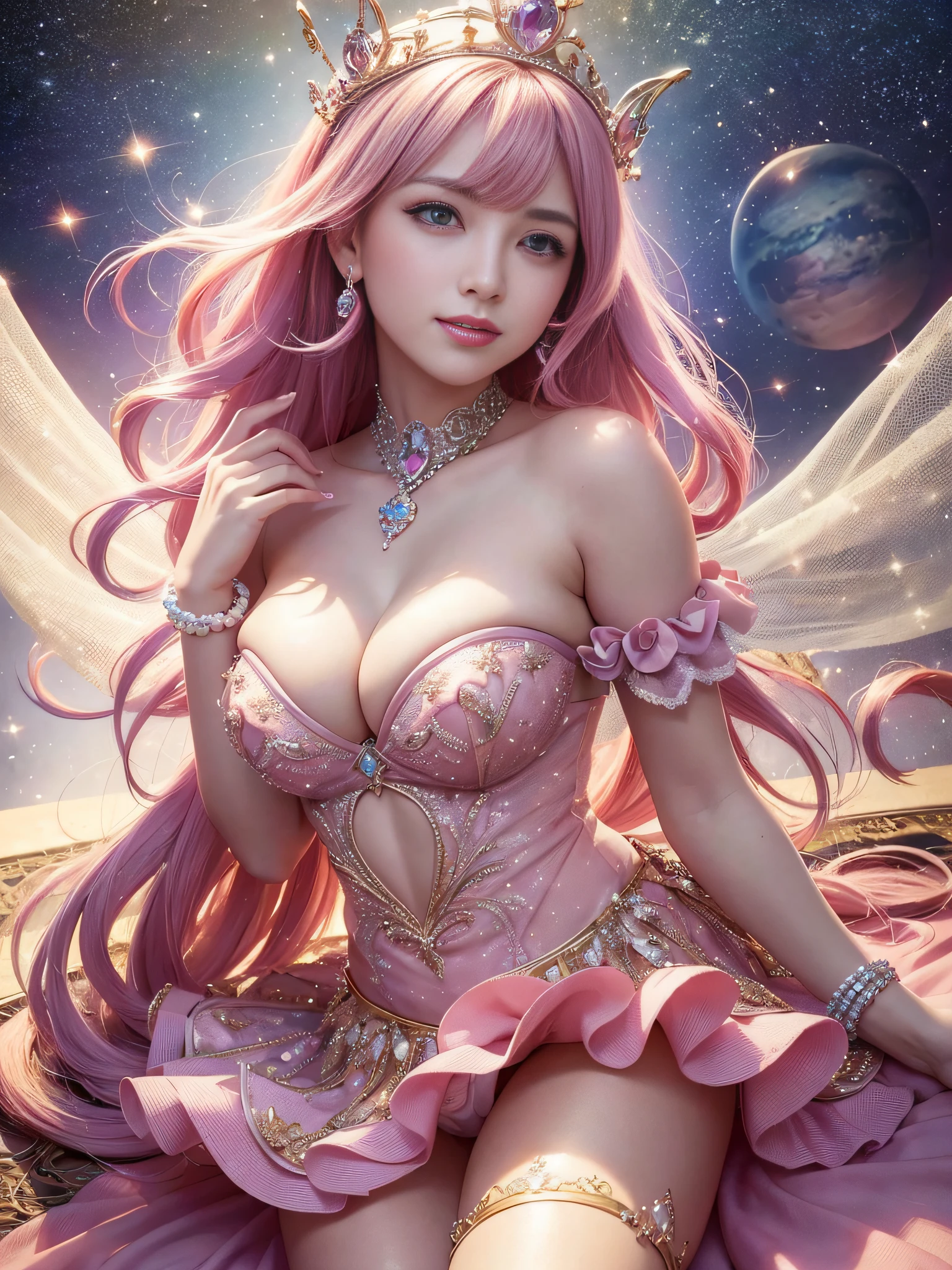 1woman, beautiful princess, Queen of love, country of love, world full of love, (smile, teeth), , gorgeous pink dress, affection, woman filled with love, space filled with hearts, woman in love, pink space, dyed pink, warm, dazzling light, unrealistic, fairy tale, fantasy, dream world, masterpiece, ultra high definition, (High Resolution: 1.4), Raw Photography, Very Delicate And Beautiful, Very Detail, 8K Resolution, (Realistic, Photorealistic: 1.37), High Pixel Density,