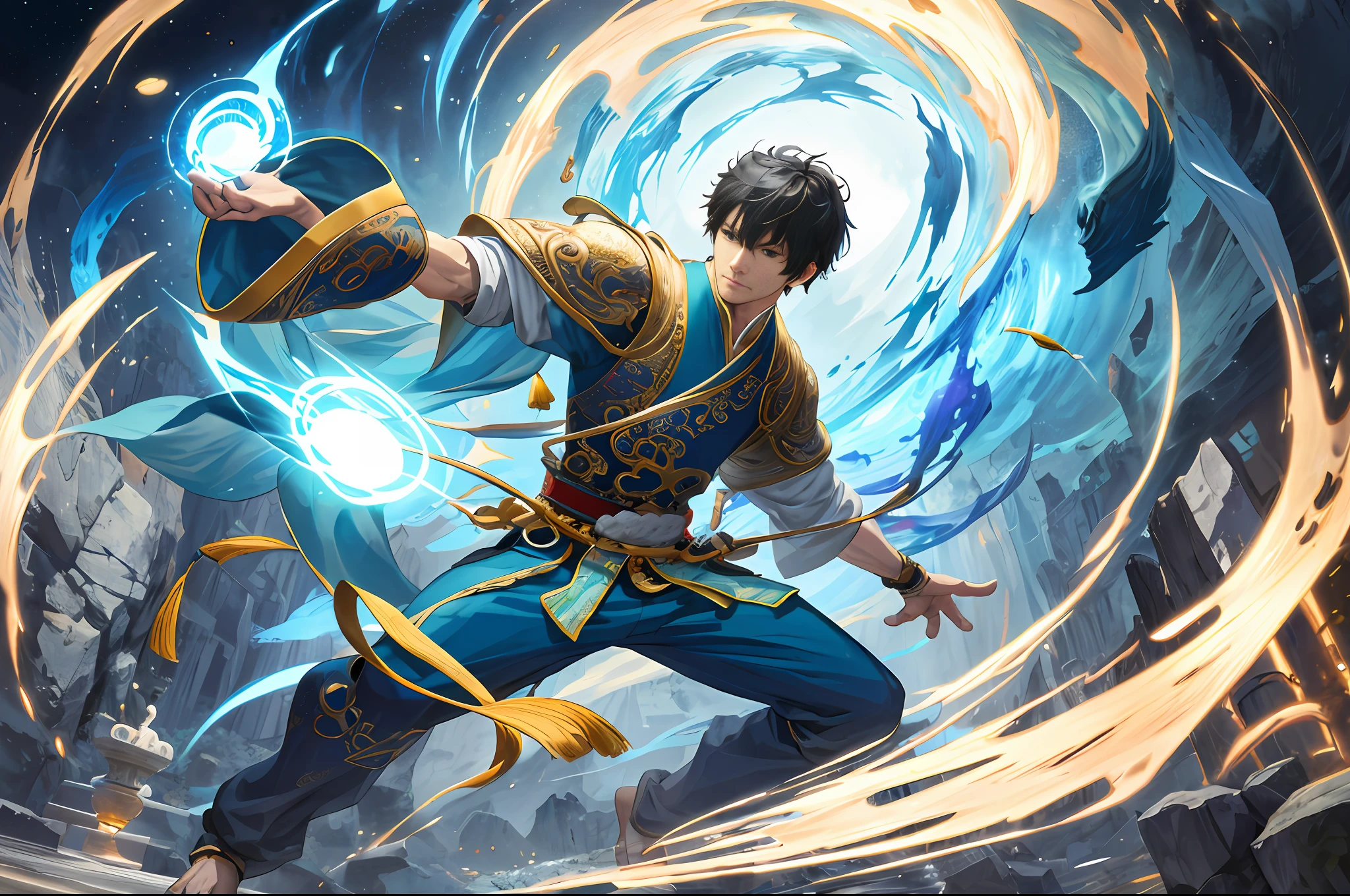(absurd, intricate details, masterpiece, best quality, high resolution, 8k), 1 male, clearly defined face, back to the audience, jousting platform, there is a tall stone in the middle, man standing in front of the stone, one hand touching the stone, the stone glows blue, test, tall, short black hair, back to the audience, (Style Swirl Magic: 0.7), (Full Body: 0.6), (Chinese Fantasy Theme: 1.1), Martial Artist, Many Onlookers Around, Fingerless Gauntlet, Wristband, Rotating Floating Particles, Mysterious Chinese Martial Arts Style, Daytime, Depth of Field.