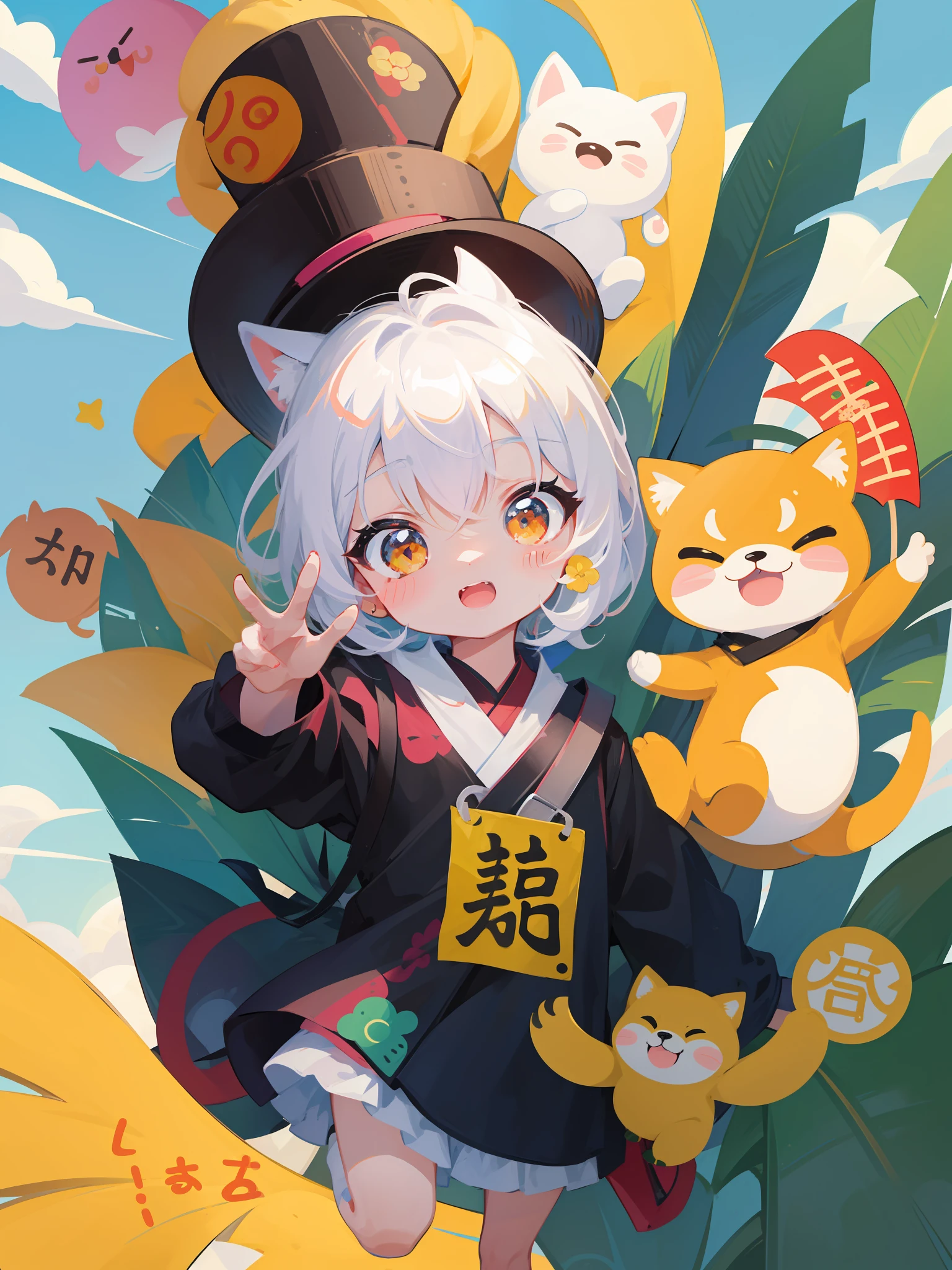 there are many different animals and words written in chinese, hand painted cartoon art style, art cover, kawaii cutest sticker ever, sticker illustration, by Shiba Kōkan, by Kōno Michisei, cute features, 中 元 节, by Gusukuma Seihō, stickers illustrations, cute characters