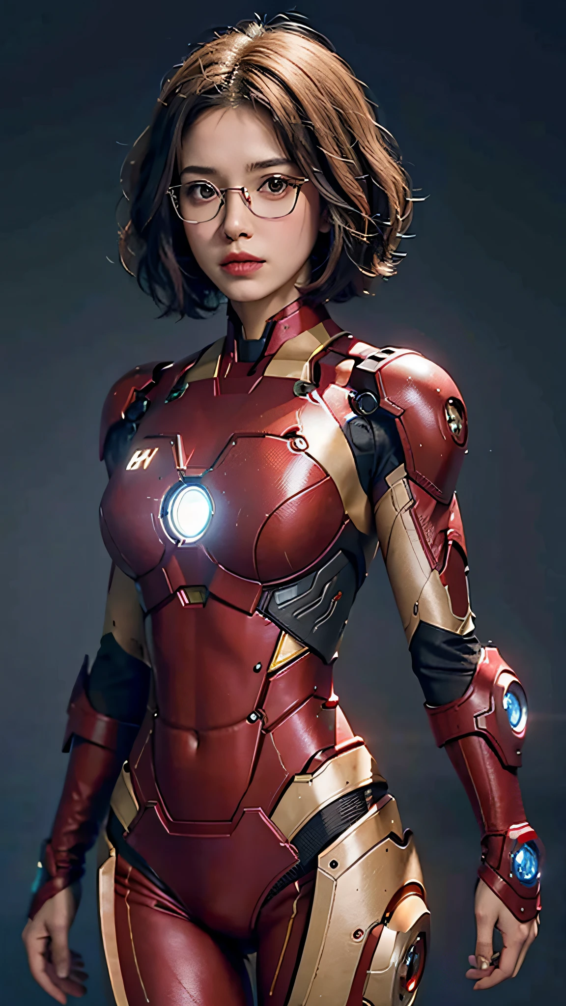 pretty woman, 1girl with glasses, short hair, bob haircut, medium breasts, Iron man costume dress