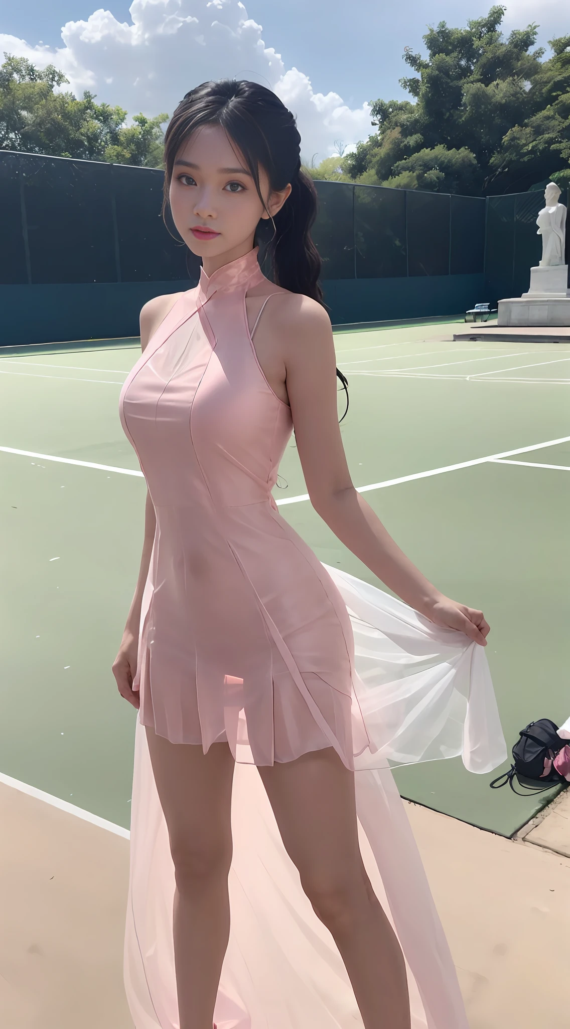 araffed asian woman in a pink dress is dancing on a tennis court, a statue by Alexander Mann, reddit, arabesque, irina nordsol kuzmina, translucent dress, sexy girl, sexy dress, tall thin beautiful goddess, sofya emelenko, see through dress, photo of slim girl model, revealing outfit, wearing leotard