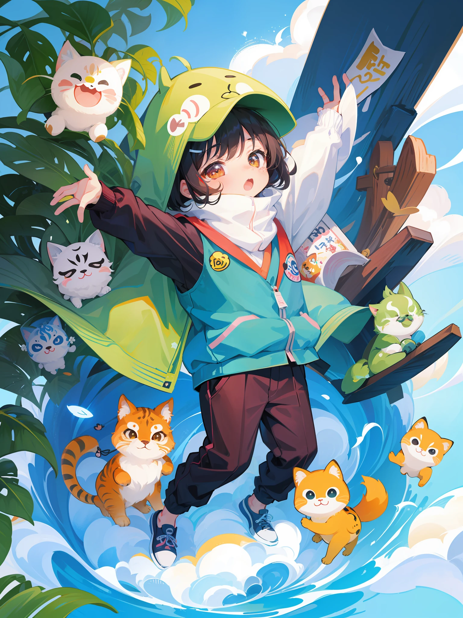 there are many different animals and words written in chinese, hand painted cartoon art style, art cover, kawaii cutest sticker ever, sticker illustration, by Shiba Kōkan, by Kōno Michisei, cute features, 中 元 节, by Gusukuma Seihō, stickers illustrations, cute characters