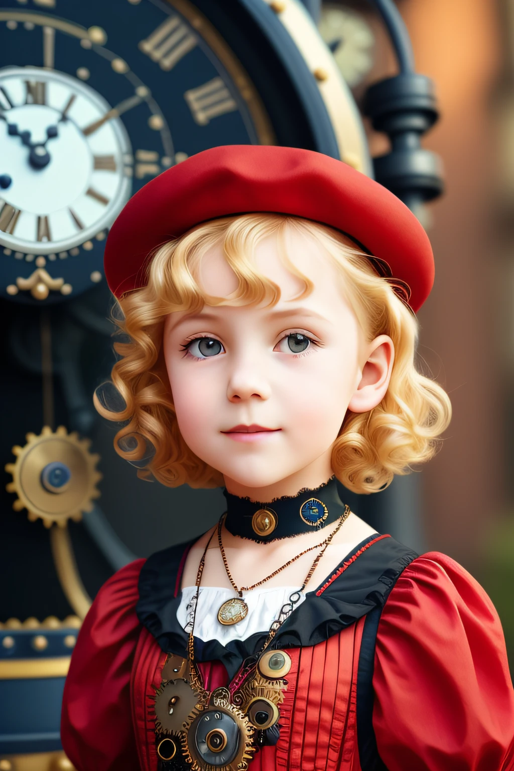 close-up, short blonde hair curly child girl the little red hat, clock on necklace, (Victorian era), ((steampunk)), cinematography, worked, elegant, meticulous, magnificent, maximum detail, extremely hyper-aesthetic, intricately detailed, lots of gears, old town background