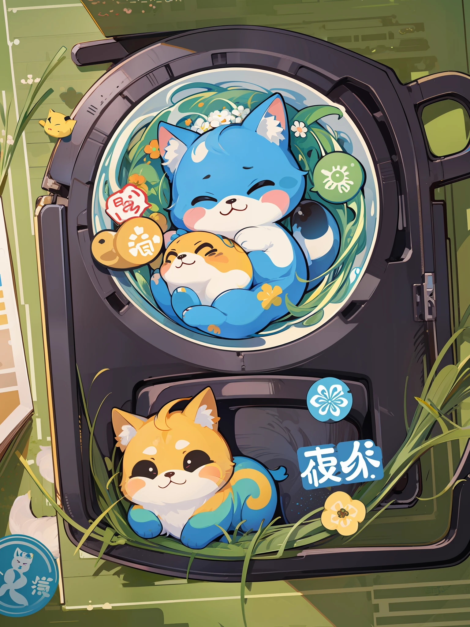 there are many different animals and words written in chinese, hand painted cartoon art style, art cover, kawaii cutest sticker ever, sticker illustration, by Shiba Kōkan, by Kōno Michisei, cute features, 中 元 节, by Gusukuma Seihō, stickers illustrations, cute characters