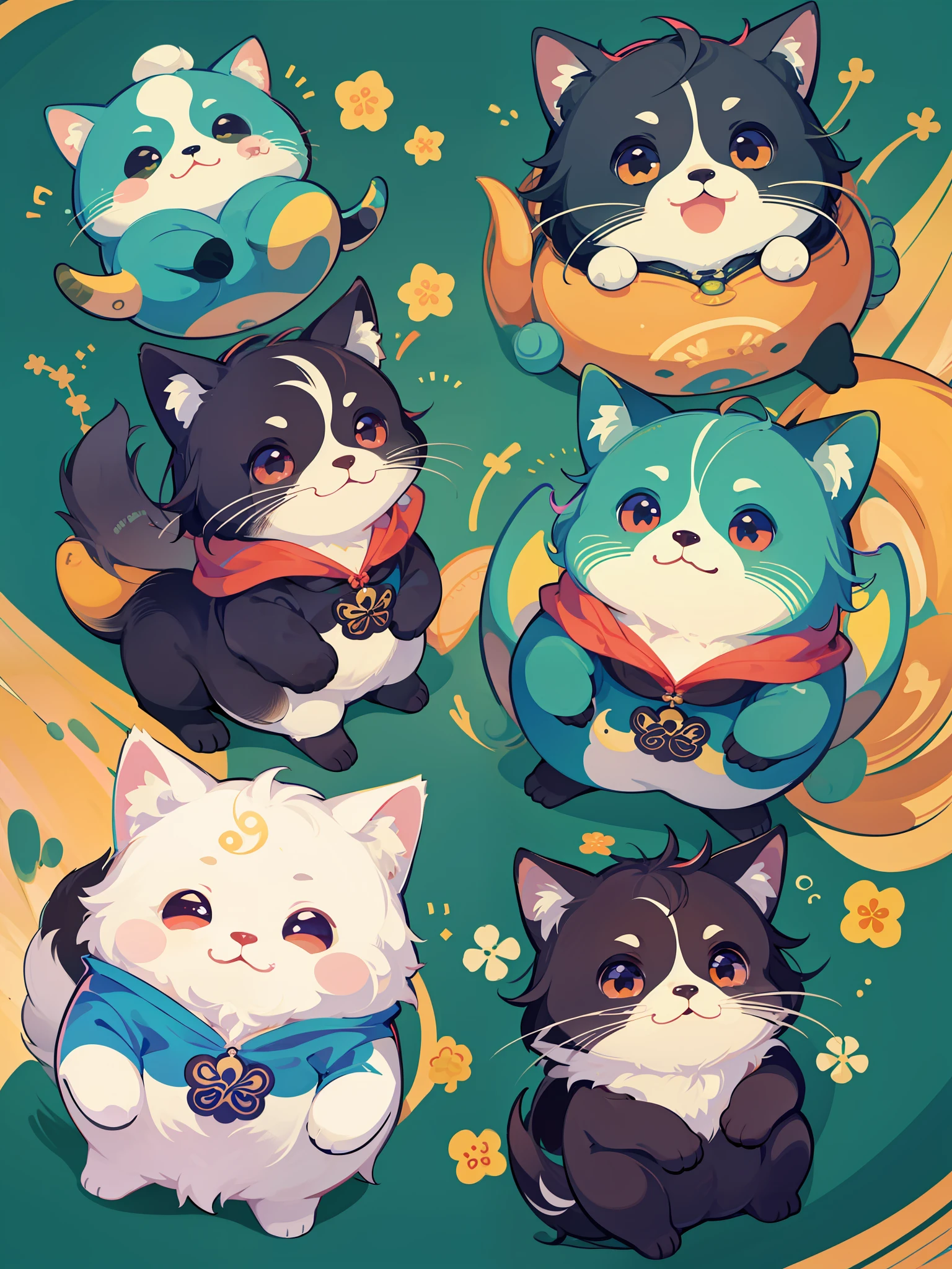 there are many different animals and words written in chinese, hand painted cartoon art style, art cover, kawaii cutest sticker ever, sticker illustration, by Shiba Kōkan, by Kōno Michisei, cute features, 中 元 节, by Gusukuma Seihō, stickers illustrations, cute characters
