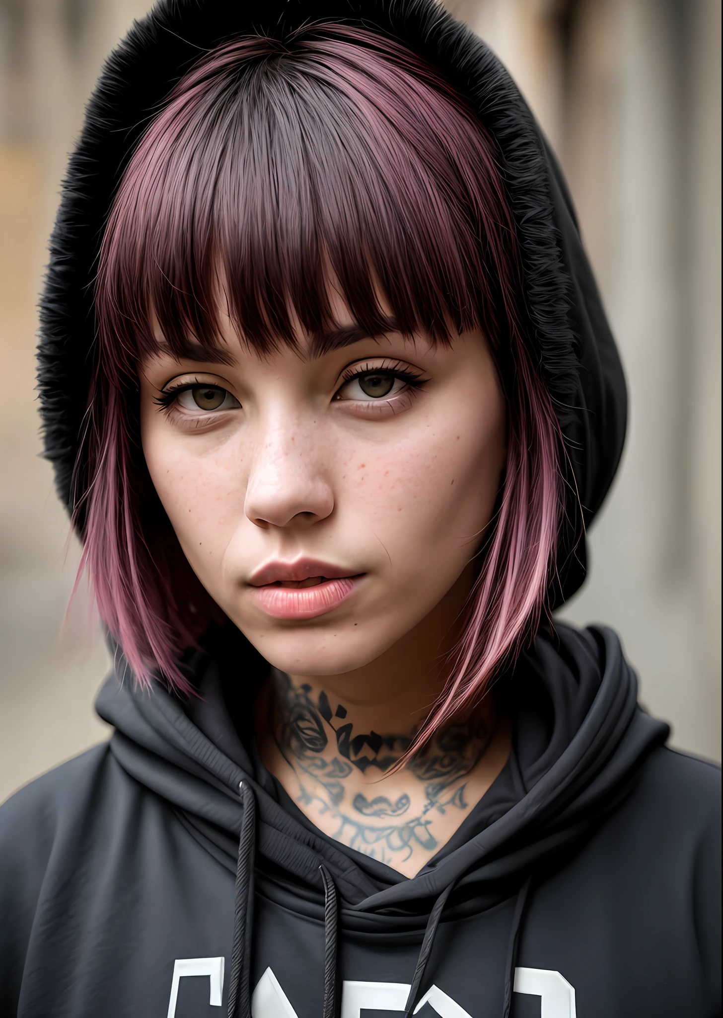 Top quality, masterpieces, RAW photos, photorealistic, detail, women, hoodies, tattoos on arms, portraits, asymmetrical bangs, band-aids, short hair, bangs, chest, freckles, gray eyes, big breasts, people watching, tattoos on the neck, nose piercings, pink hair, tattoos on the face, upper body, detailed background, city, alley, dark alley, portrait, hood on the head at night, anger, Close-up, mouth closed, masterpiece, absurd
