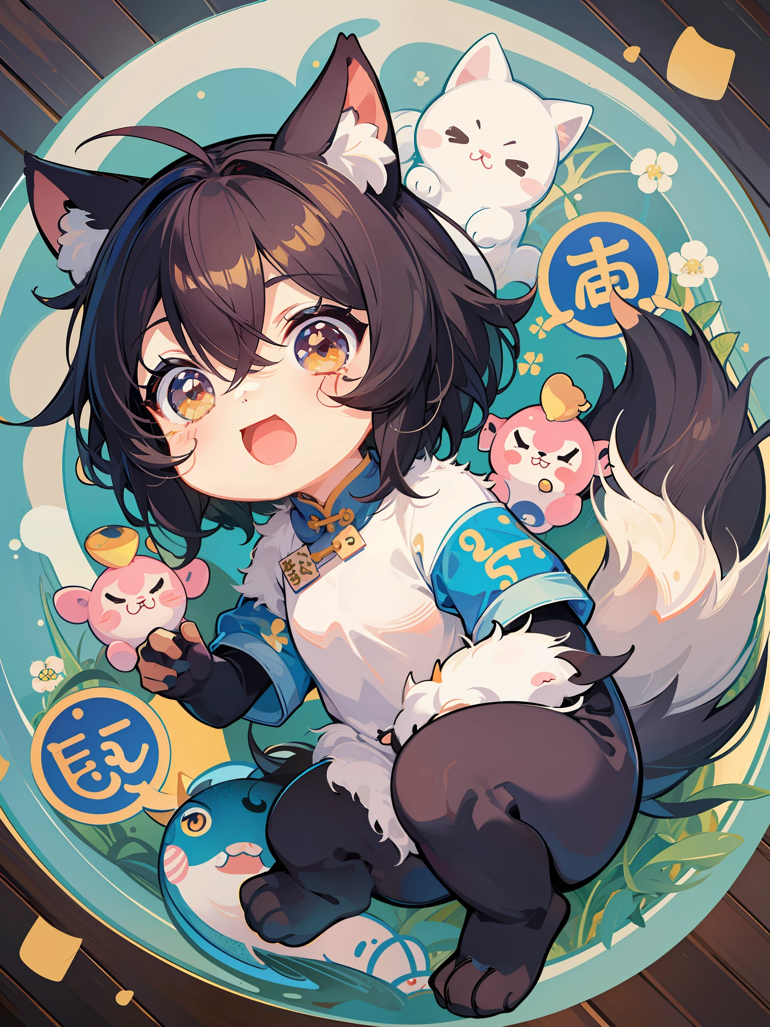 there are many different animals and words written in chinese, hand painted cartoon art style, art cover, kawaii cutest sticker ever, sticker illustration, by Shiba Kōkan, by Kōno Michisei, cute features, 中 元 节, by Gusukuma Seihō, stickers illustrations, cute characters