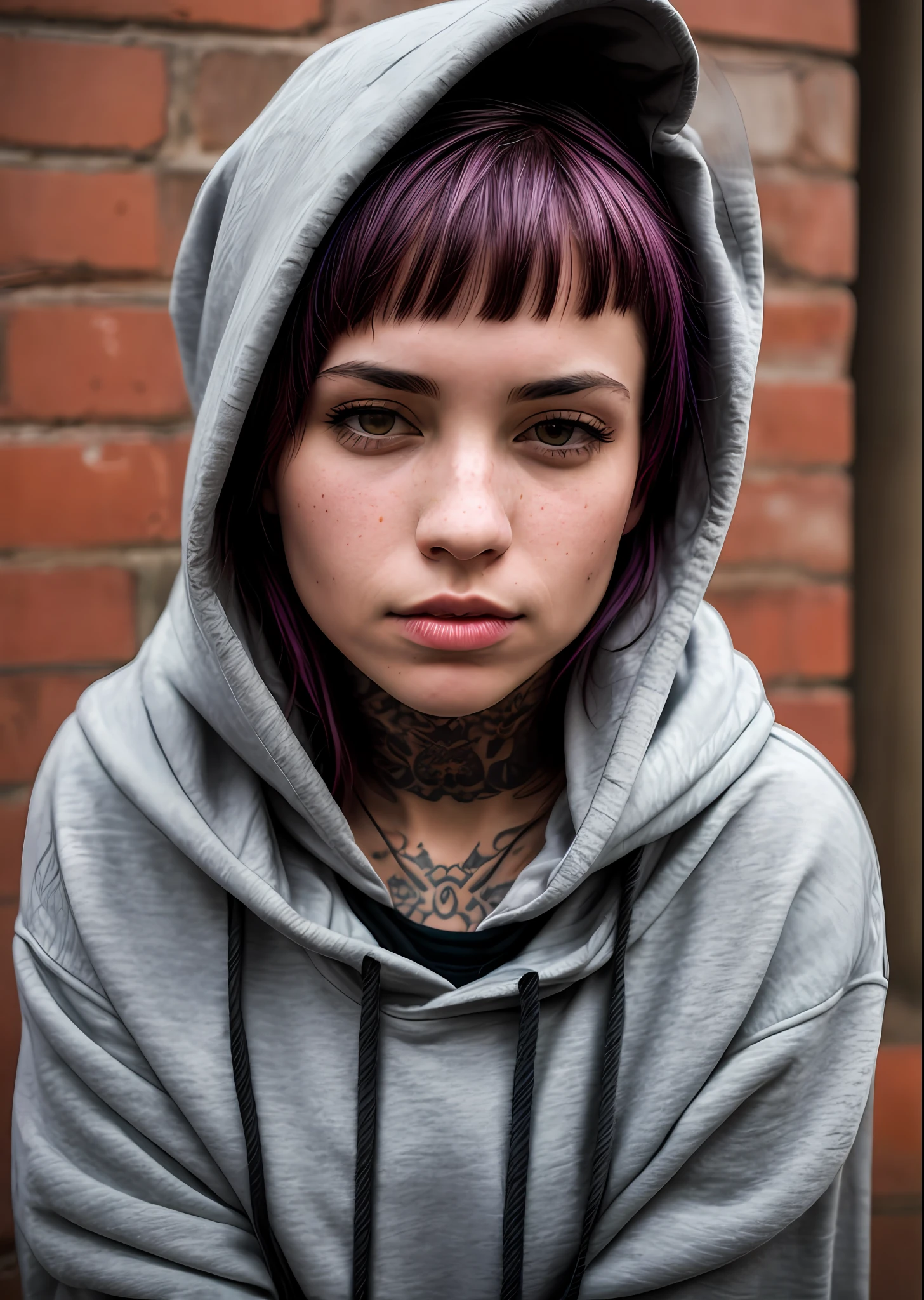 Top quality, masterpieces, RAW photos, photorealistic, detail, women, hoodies, tattoos on arms, portraits, asymmetrical bangs, band-aids, short hair, bangs, chest, freckles, gray eyes, big breasts, people watching, tattoos on the neck, nose piercings, pink hair, tattoos on the face, upper body, detailed background, city, alley, dark alley, portrait, hood on the head at night, anger, Close-up, mouth closed, masterpiece, absurd