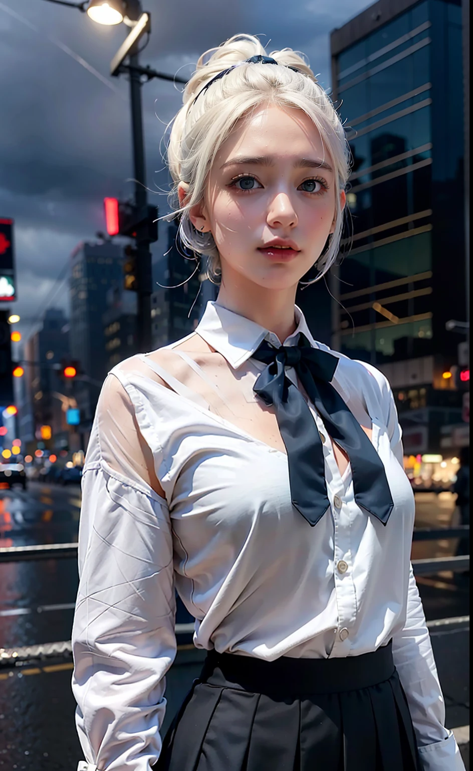(8k, RAW photo, best quality, masterpiece:1.3),(realistic,photo-realistic:1.37),(night),(looking at viewer:1.331),(white hair),posing, new york, street,nightcityscape, cyberpunk city,soft light,1girl,extremely beautiful face,bust,put down hands,Random hairstyle,Random expression,big eyes, ,lower abdomen,(JK_suit),(JK_shirt),JK_style,(dark blue JK_skirt) ,(bow JK_tie),mix4.
