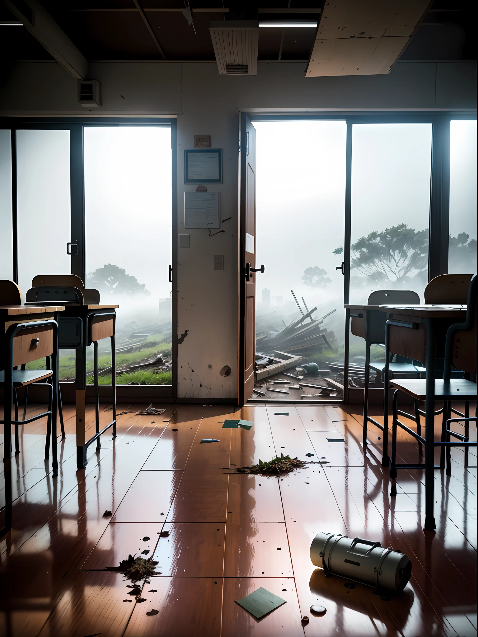 (best quality, masterpiece, ultra-detailed), 8k quality, abandoned classroom scene, dense fog, destroyed wooden floor, vegetation invading the environment, rusty chairs and tables, dynamic perspective and low angle.