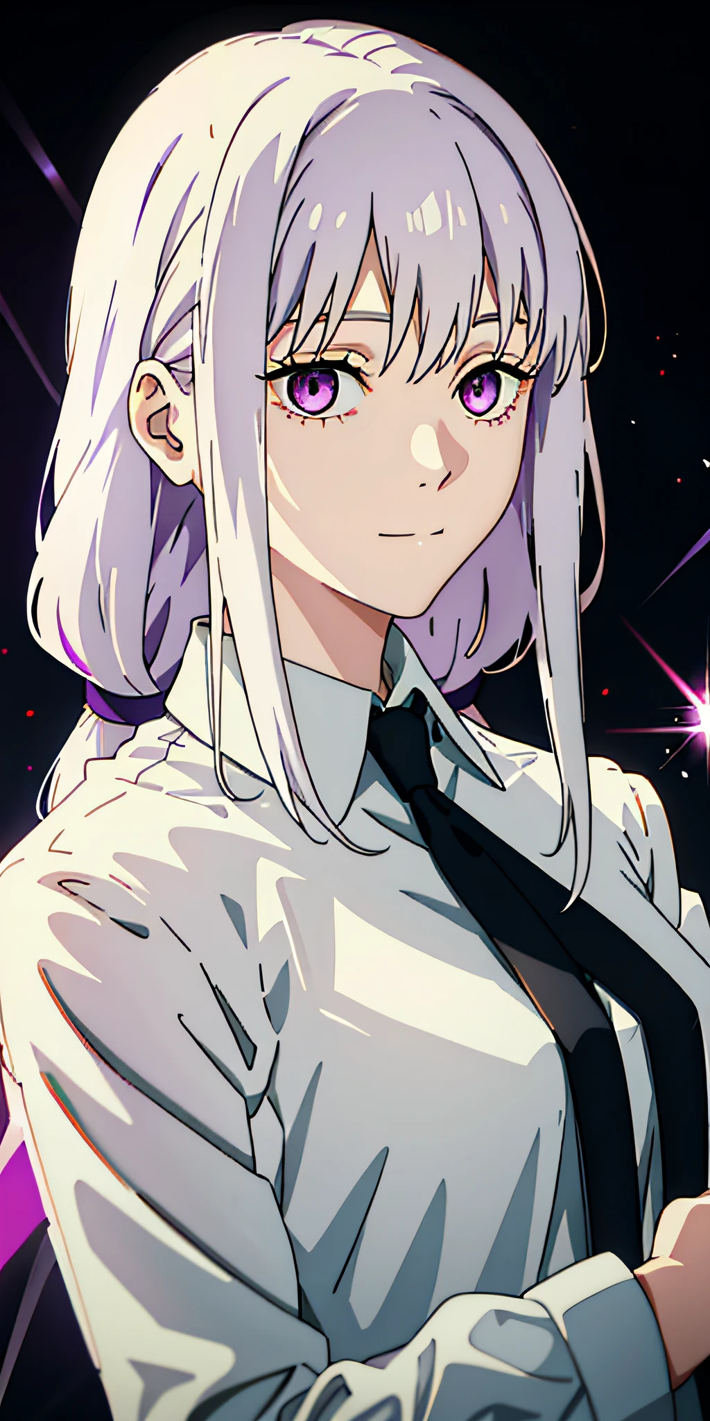 1girl, white hair, multicolored hair, purple eyes, mask on head, sidelighting, light particles, wallpaper,