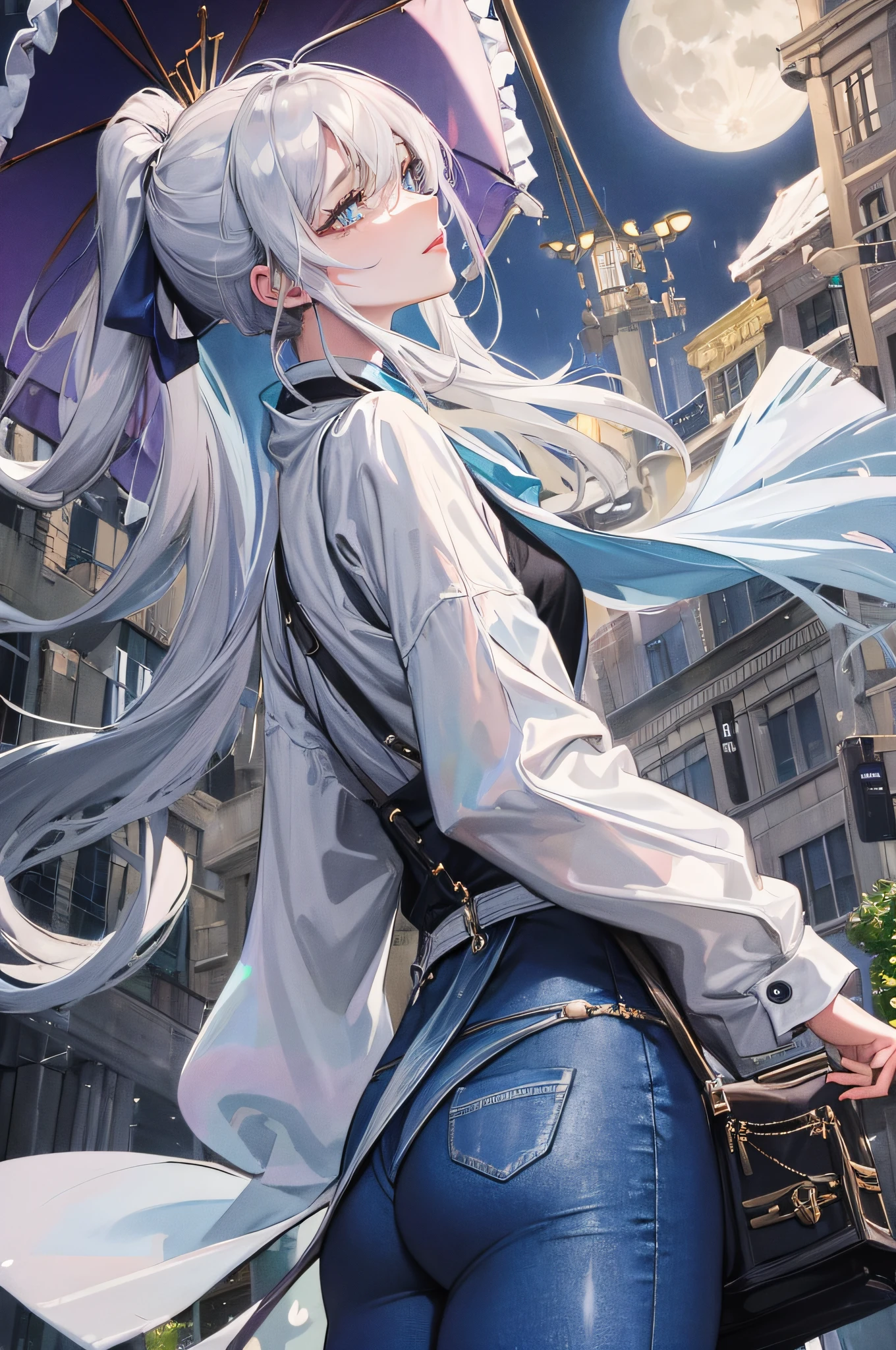 (Woman's back)), on the rainy playground, mature woman with umbrella above her head, the background is the campus, blue denim leggings, delicate facial features, light blue pupils, masterpiece superb night moon full moon 1 female mature woman Chinese sister royal sister cold face showing silver white long hair woman light pink lips calm intellectual three banded gray elementary school student assassin lantern lantern flower ball background strolling street scene, long hair shawl,
