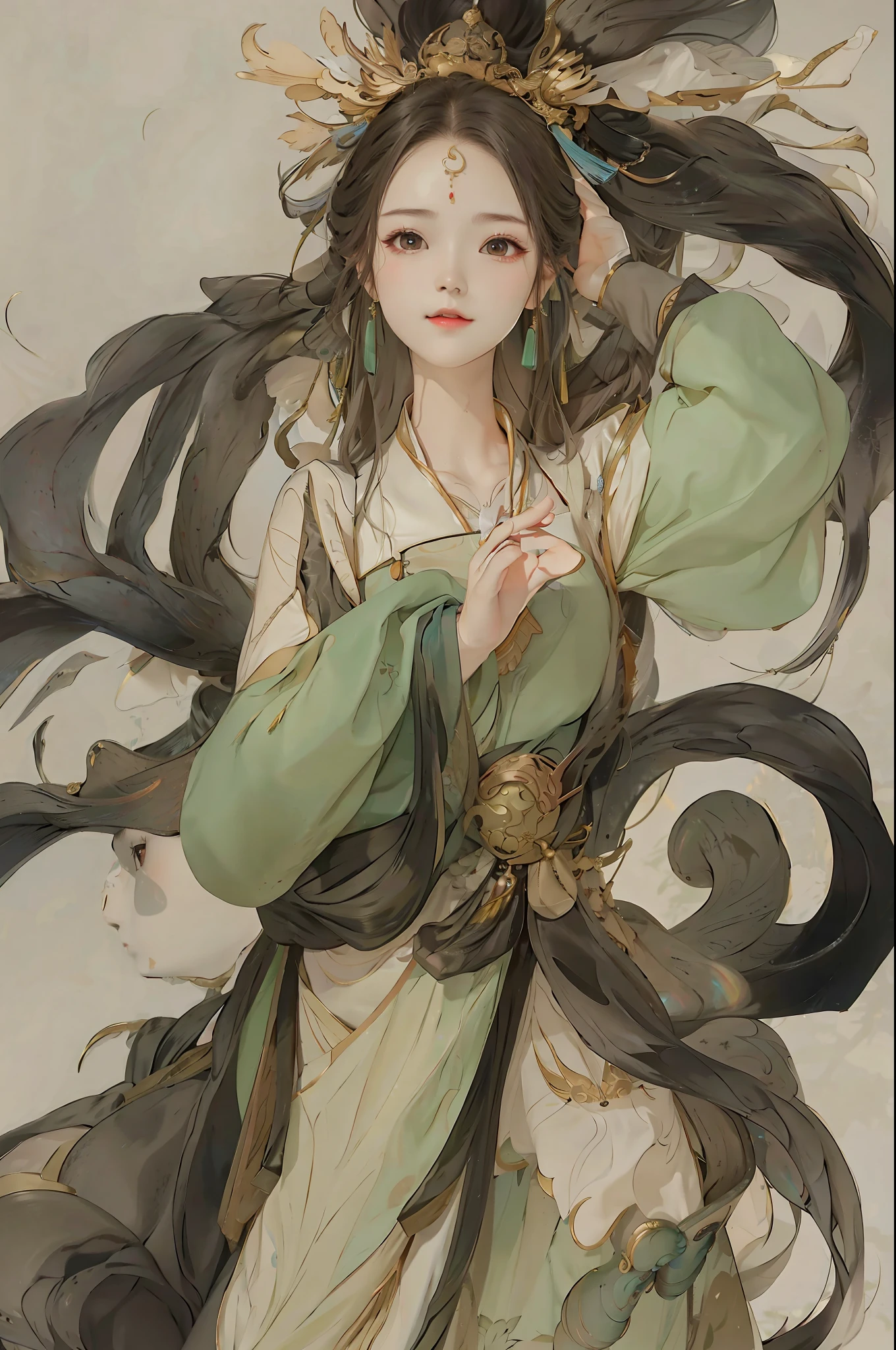 A girl, ancient Chinese costume, whole body, sunshine, clear face, clean white background, masterpiece, super detail, epic composition, ultra HD, high quality, extremely detailed, official art, uniform 8k wallpaper, super detail, 32k