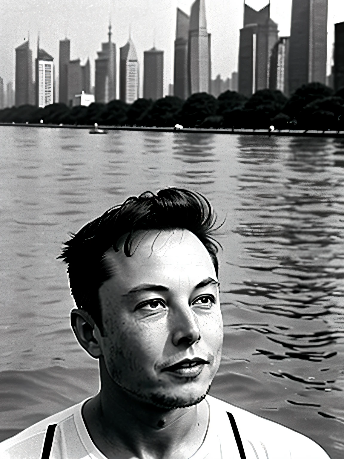 Elon Musk swim in the Huangpu River in Shanghai in 1967，black and white photo, sense of history