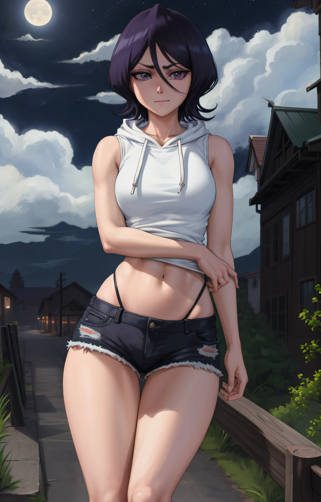 anime screencap, night city, moon, 1girl, solo, short hair, black hair, purple eyes, looking at the viewer, hair between eyes, front, cowboy shot, closed mouth, smirk, sweatshirt, sleeveless, shorts, groin, squats, legs apart, bare legs, chubby legs, big ass,