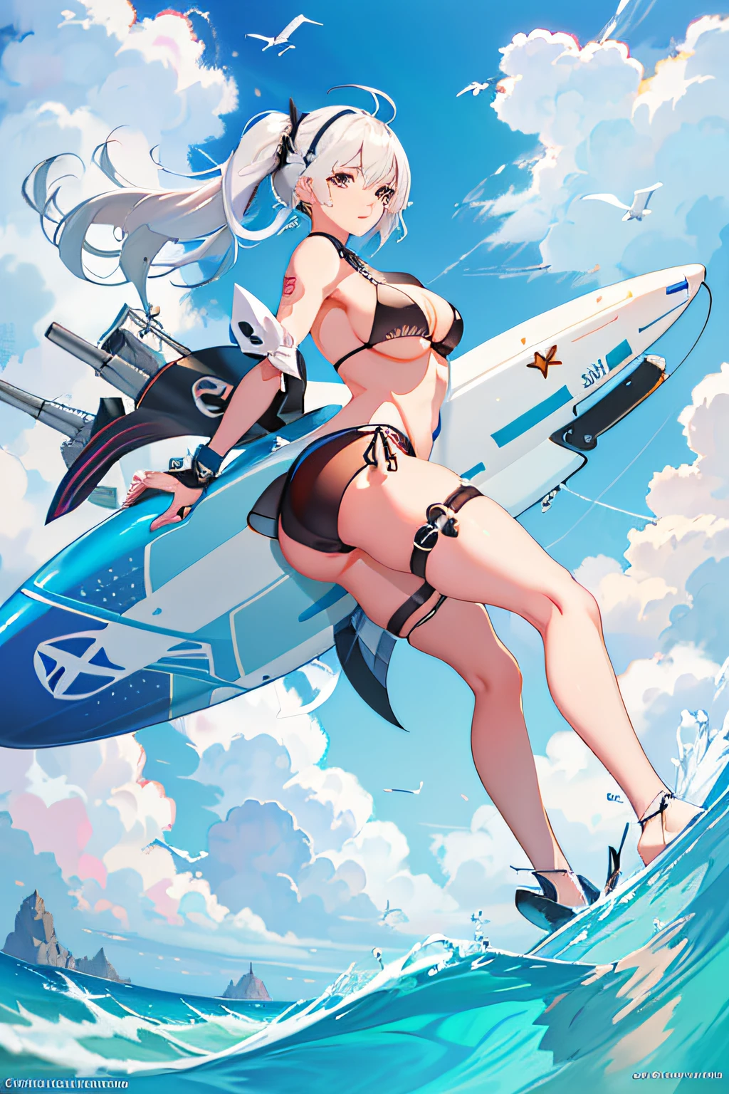anime girl in a bikini on a surfboard with a bird flying overhead, azur lane style, 2 b, 2b, bottom angle, giantess art, cutesexyrobutts, tifa lockhart with white hair, wlop and sakimichan, closeup shot, [ 4 k digital art ]!!, from the azur lane videogame