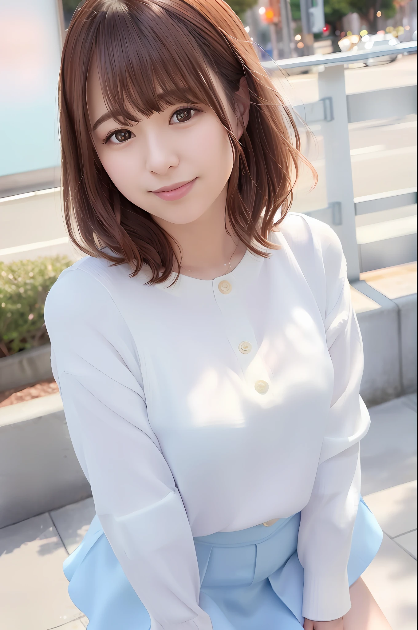 (Skin scars: 1.2), (Skin dents), Black eyes, 1 woman, 25 years old, ((((Female))), Solo, Realistic, Best Quality, Photorealistic, Masterpiece, 8K, High Resolution, Solo, Highly Detailed Face, (Professional Lighting, Bokeh), (Light Particles, Lens Flare, Luminous Particles: 0.6), (Dynamic Pose: 1.2), Soft Lighting, Angle View from Above Fashionable and trendy atmosphere, Japan, street, Tokyo, city, ((daytime)), sky, ((viewer's perspective: 1)), (camera perspective), (portrait: 0.6), cowboy shot, gorgeous, standing, maintaining original facial proportions, broad shoulders, full body, ((plump body, tearing breasts))), (medium hair), brown hair, floating hair, lips, lipstick, seductive smile, floating hair, smile, open mouth, teeth, (white blouse without sleeves), (jumper skirt), eyelashes, moles, (moles under the eyes: 1),