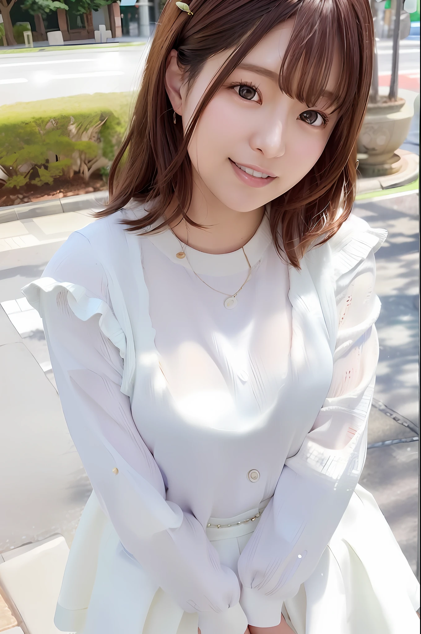 (Skin scars: 1.2), (Skin dents), Black eyes, 1 woman, 25 years old, ((((Female))), Solo, Realistic, Best Quality, Photorealistic, Masterpiece, 8K, High Resolution, Solo, Highly Detailed Face, (Professional Lighting, Bokeh), (Light Particles, Lens Flare, Luminous Particles: 0.6), (Dynamic Pose: 1.2), Soft Lighting, Angle View from Above Fashionable and trendy atmosphere, Japan, street, Tokyo, city, ((daytime)), sky, ((viewer's perspective: 1)), (camera perspective), (portrait: 0.6), cowboy shot, gorgeous, standing, maintaining original facial proportions, broad shoulders, full body, ((plump body, tearing breasts))), (medium hair), brown hair, floating hair, lips, lipstick, seductive smile, floating hair, smile, open mouth, teeth, (white blouse without sleeves), (jumper skirt), eyelashes, moles, (moles under the eyes: 1),