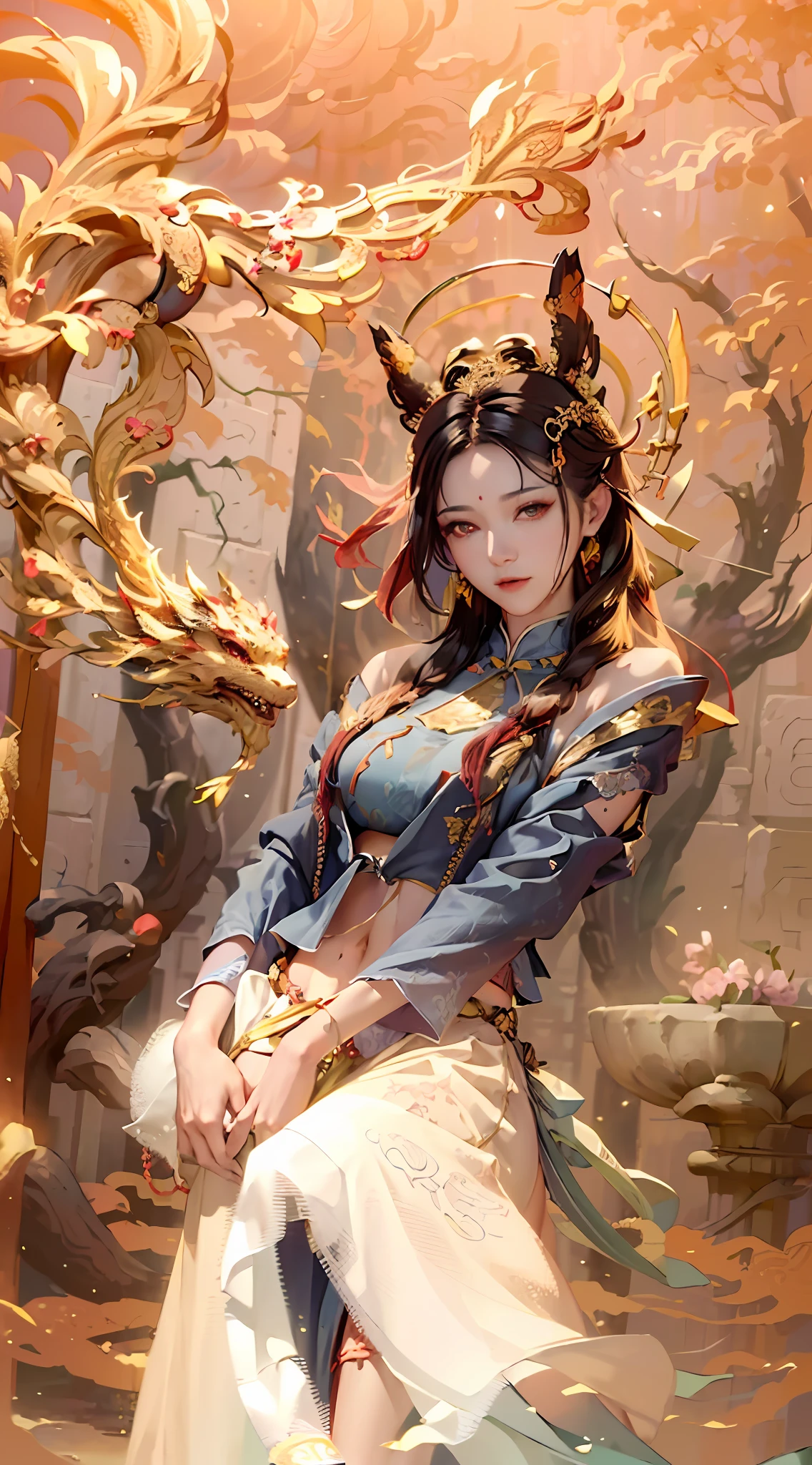 (RAW photos, best quality), (realistic, Photo Realism: 1.3), Extremely Refined and Beautiful, Amazing, Fine Detail, Masterpiece, Ultra Detail, High Resolution, (Best Illustration), (Best Shadow), Intricate, (in a crimson gold Chinese dragon, surrounded by gold dust, black flowers, trees, petals, wind, God, long wavy body, fangs, fantasy, mythology, high quality, highly detailed, masterpiece, epic, particle effects, dynamic effects, (Dragon: 1.4 in front of), clouds, storms, mountains, sunsets, clear focus, volumetric fog, 8k Ultra HD, DSLR, High quality, (Film grain: 1.4), Fujifilm XT3,Official Art, Unity 8K wallpaper, Ultra detailed, Beautiful and beautiful, Best quality, (Zen entanglement, tangled, entangled), (fractal art: 1.4), 1 girl, brunette hair, Chinese, bare shoulders, short skirt, calf, navel, very detailed, dynamic angle, denim lens, (most beautiful chaotic shape), flow, (bright colors), OC, (half: 1.2), china, (tape: 1.3), (Dream: 1.5), (Hanfu: 1.5), Chinese Dragon, (Smile: 0.5), (Chinese God), Realistic, Ultra High Resolution, Complex, Ultra Detailed, (Skin Dents), Female, Detailed Body, (Detailed Face: 1.1), (Contoured Iris), (Watercolor Lenses), (Perfect Eyes), 4K, Gorgeous, (Masterpiece: 1.2), (Best Quality: 1.2), Wide Buttocks, Thick Thighs, (Big Tits: 1.2) and (Big Tits: 1.2), Debauchery, Seductive pose.