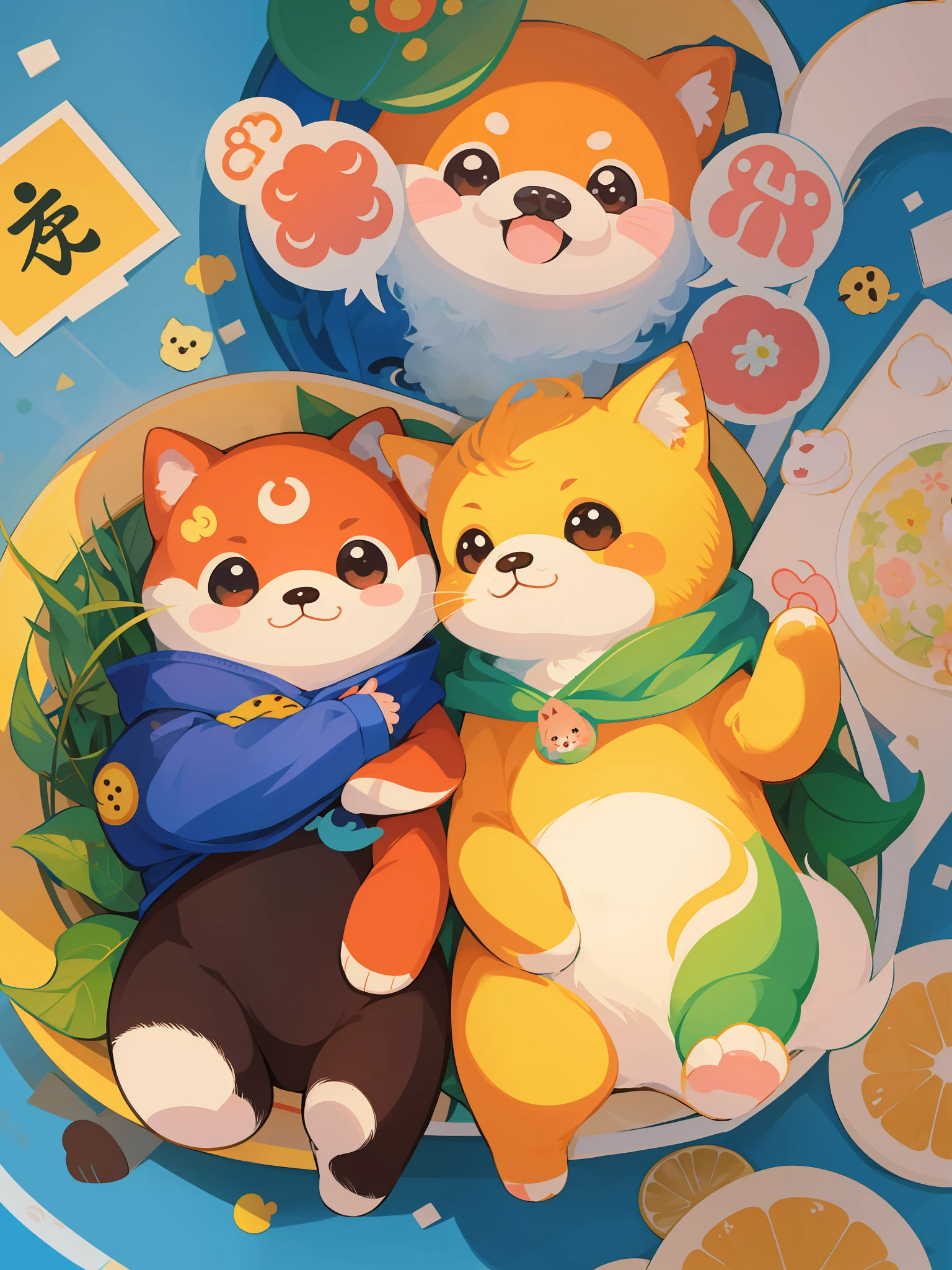 there are many different animals and words written in chinese, hand painted cartoon art style, art cover, kawaii cutest sticker ever, sticker illustration, by Shiba Kōkan, by Kōno Michisei, cute features, 中 元 节, by Gusukuma Seihō, stickers illustrations, cute characters