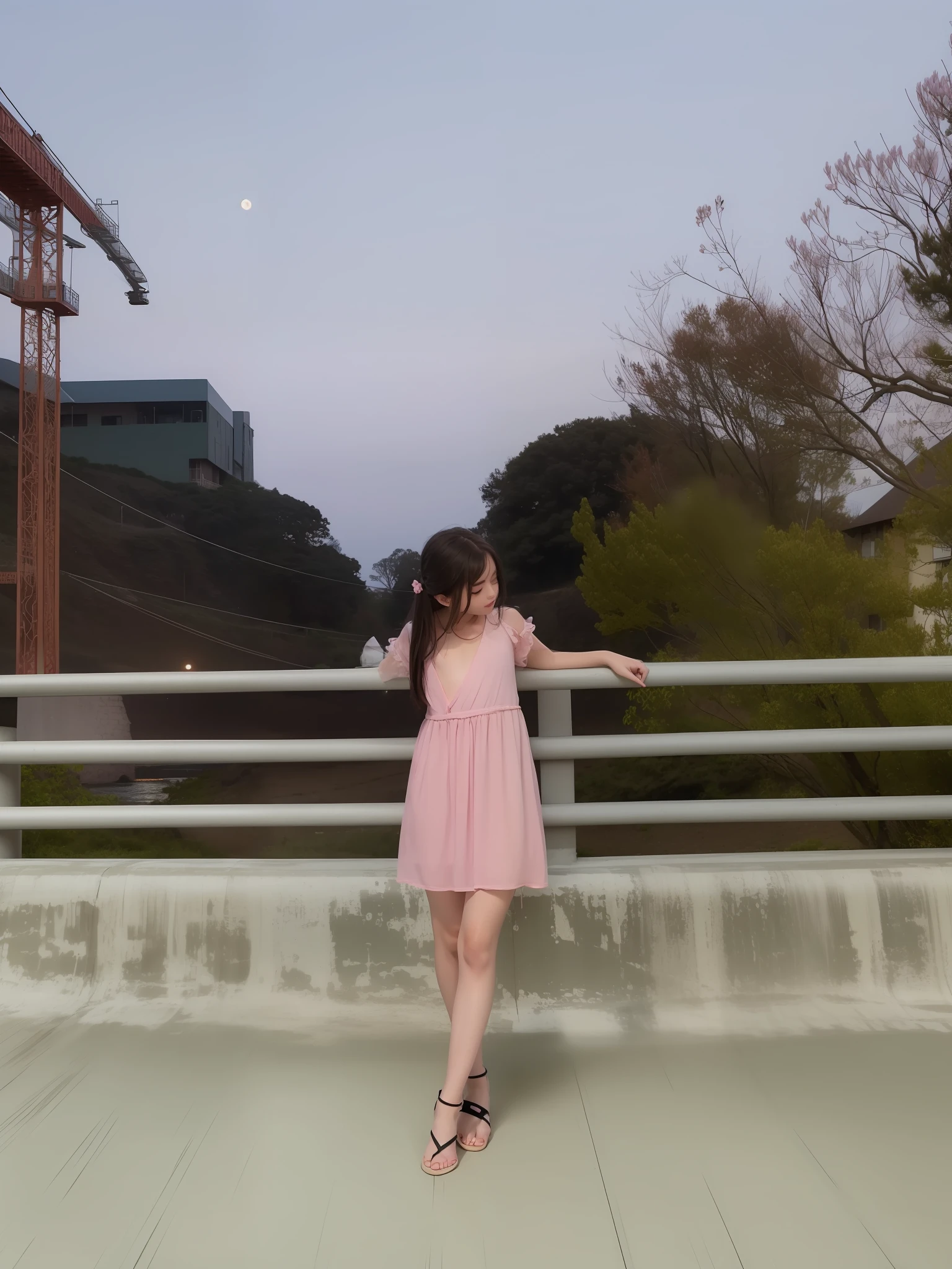 1girl, standing on the platform of bridge, in middle of bridge,  by the side of the road, in evening, moon light, barefoot, wearing pink short gown, curtain grab, curtains, covered navel, covered, black hair, sheet grab, standing, raised head a little and looked at the sky, smile, solo, tail, lily_\(flower\), looking a viewer, (flat chest:1.2), solo, beautiful and delicate detailed girl, illustration, unity 8k wallpaper, masterpiece, best quality, ultra detailed beautiful hands