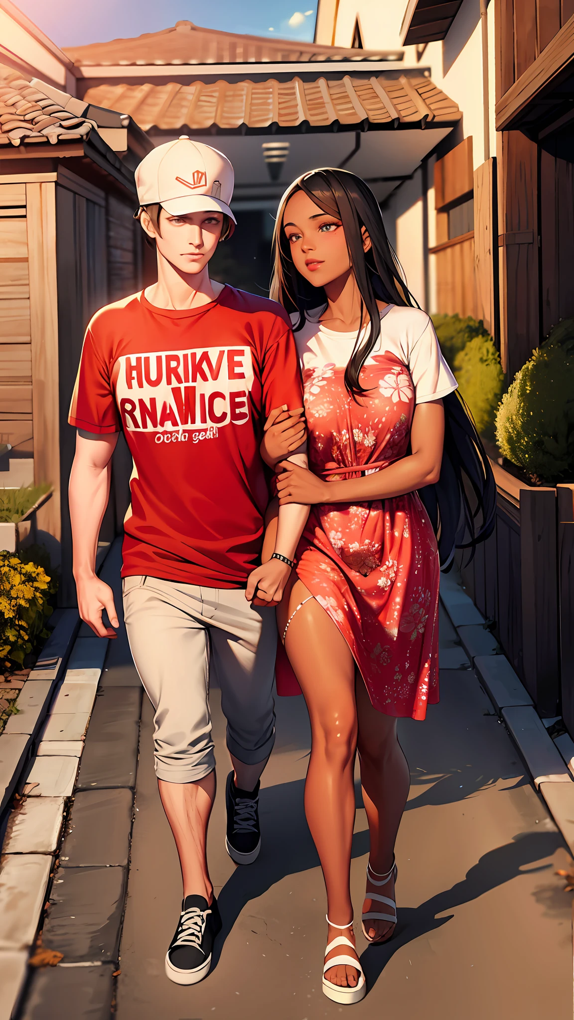 realistic portrait of handsome man (white skinned) (wearing white cap) and hugging woman, ([little dark skin colored girl]), couple, ((walking)), wearing printed t-shirt and jeans, current fashion, kanekalon hair, sunset background in a road close-up, product vision, detailed facial details, perfect face, trend art, sharp facial details, cgsociety,  Ultra-quality digital art, hyper-exquisite details, 4K, 8K soft lighting, dreamy, fashion, unreal rendering engine -