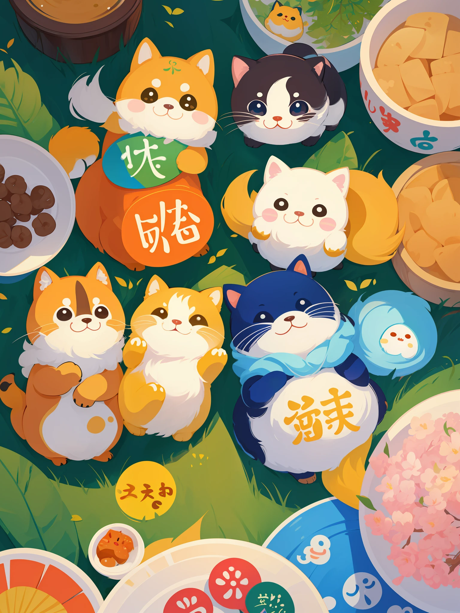 there are many different animals and words written in chinese, hand painted cartoon art style, art cover, kawaii cutest sticker ever, sticker illustration, by Shiba Kōkan, by Kōno Michisei, cute features, 中 元 节, by Gusukuma Seihō, stickers illustrations, cute characters