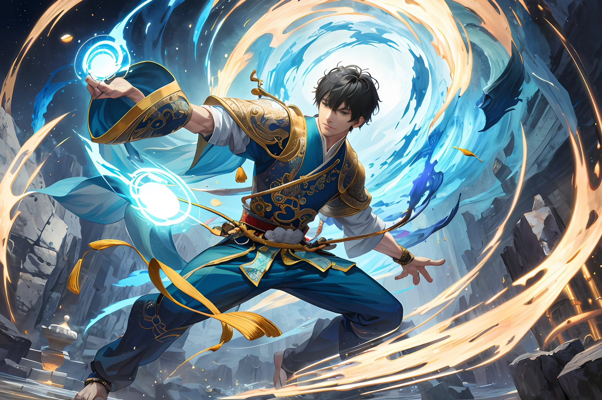 (absurd, intricate details, masterpiece, best quality, high resolution, 8k), 1 male, bright eyes, showy nose, confident mouth with his back to the audience, jousting platform, there is a tall stone in the middle, the man stands in front of the stone, one hand touches the stone, the stone glows blue, test, tall, short black hair, back to the audience, (Style Swirl Magic: 0.7), (Full Body: 0.6), (Chinese Fantasy Theme: 1.1), Martial Artist, Many Onlookers Around, Fingerless Gauntlet, Wristband, Rotating Floating Particles, Mysterious Chinese Martial Arts Style, Daytime, Depth of Field.