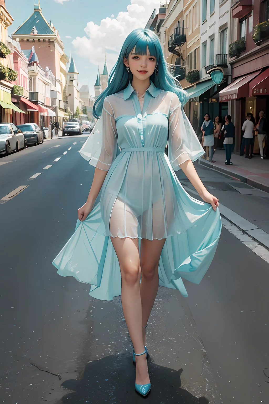(Fluorescent Color: 1.4), (Translucent: 1.4), (Vintage Filter: 1.4), (Fantasy: 1.4), Candy World Disneyland Ethereal Soft Fluffy Soft Landscape (Forest)( Snowflakes) Sky Green Sky Blue Hair Sparkling Ethereal Light Soft Whimsical Light Rainbow Stars Diamond Sparkle Gemstone background Ultra-realistic Ultra-high quality cinematic lighting Huge details Full HD painting Plenty of light, diagonal bangs,
Collared dress, sides
Masterpiece, Best Quality, Real Skin, (Portrait: 1.5), 1 Girl, Blunt Bangs, Long Hair, Smile, Standing on the Street, High Heels