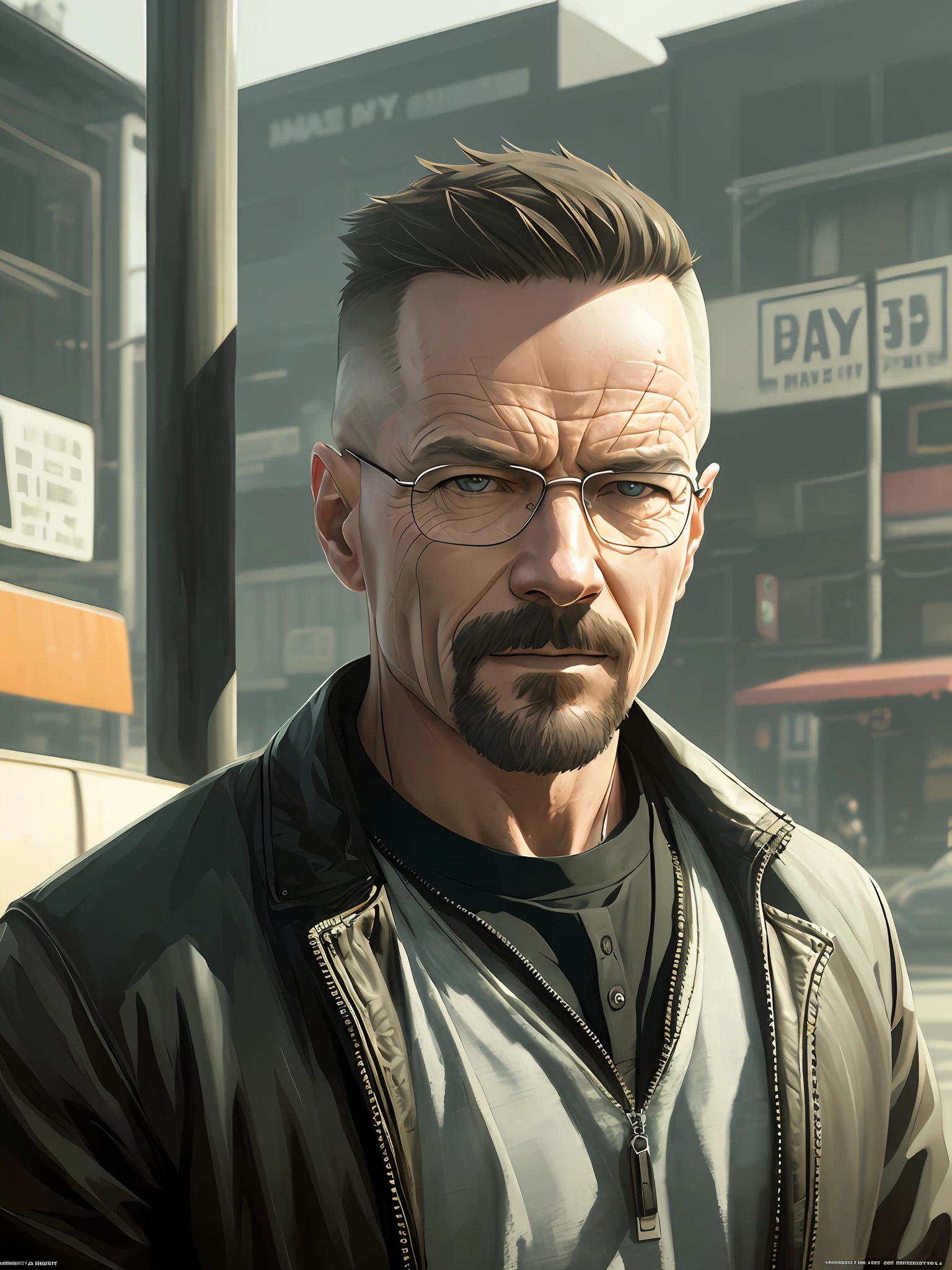walter white, (muscle: 1.5), big eyes, (cheeky smile), gangsta street, cinematic angle, modelshoot style, (very detailed CG unity 8k wallpaper), the most beautiful artwork photo in the world, professional majestic oil painting Ed Blinkey, Atey Ghailan, Studio Ghibli, Jeremy Mann, Greg Manchess, Antonio Moro, trending on ArtStation, trending on CGSociety, intricate, high detail, sharp focus, dramatic, realistic painting art, by midjourney and Greg Rutkowski,