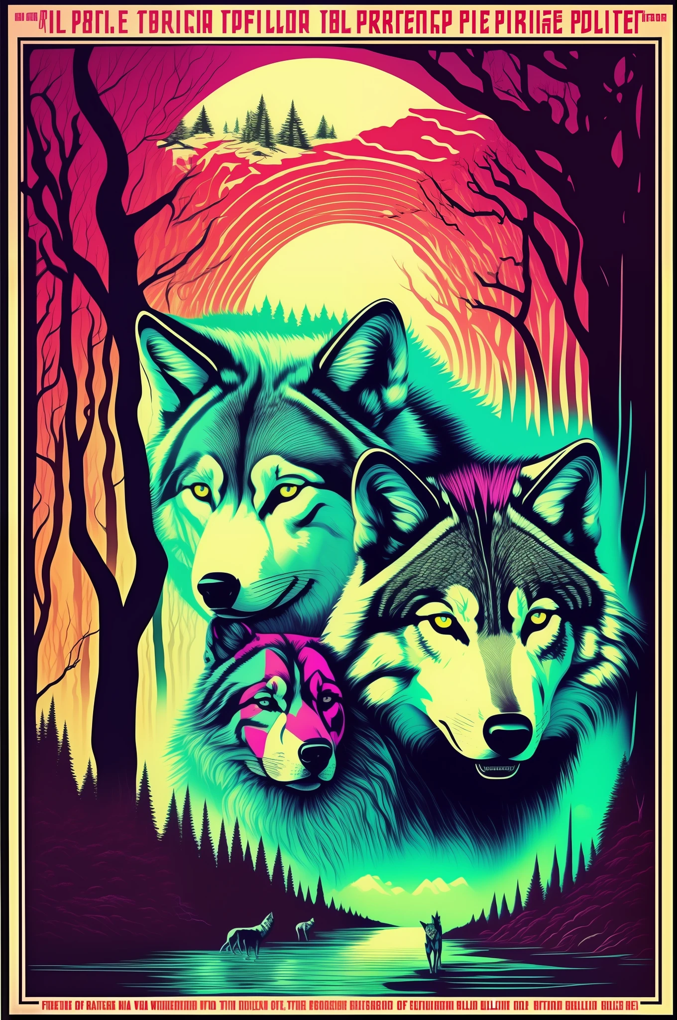 80's movie poster with white border, psychedelic horror, wolf pack, river of blood, forest, trees, terror, fangs