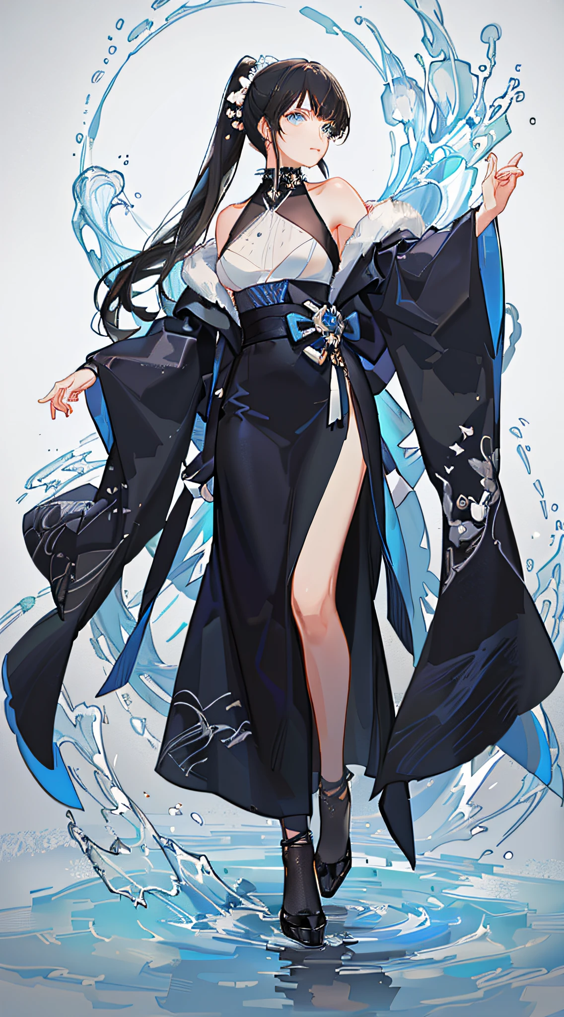 Girly, full body, (facial details: 1.2), pure background, masterpiece, fashion, Tokyo, , medium hair, black hair, double ponytail, blunt bangs, blue eyes,