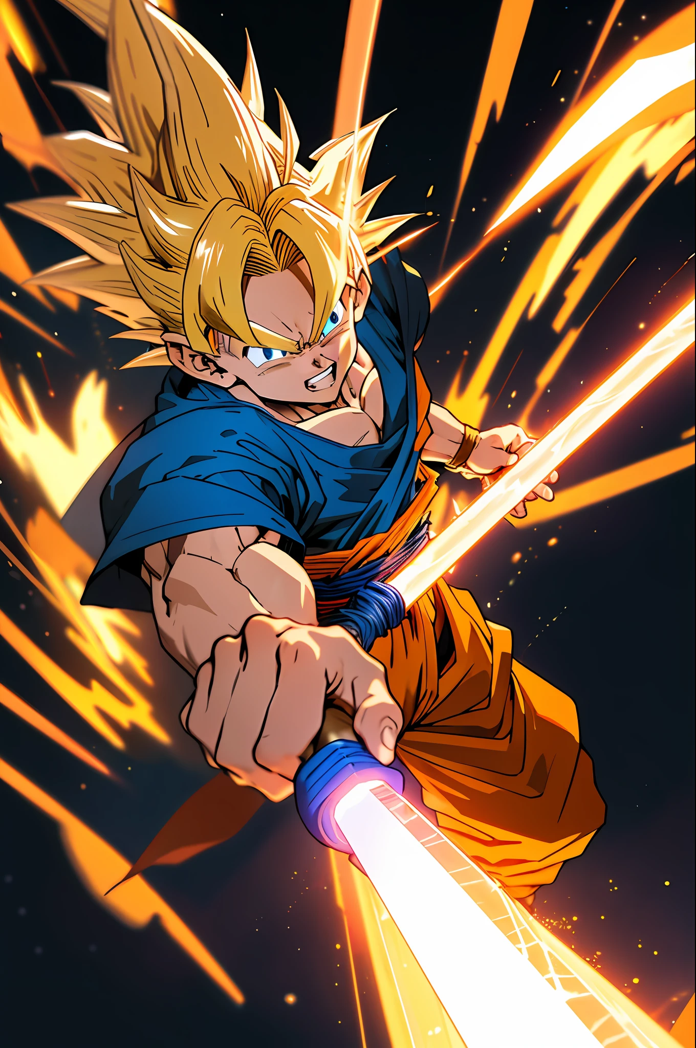 Holding laser sword golden hoop rod in hand, Dragon Ball Goku, super clear picture quality, solo, texture,