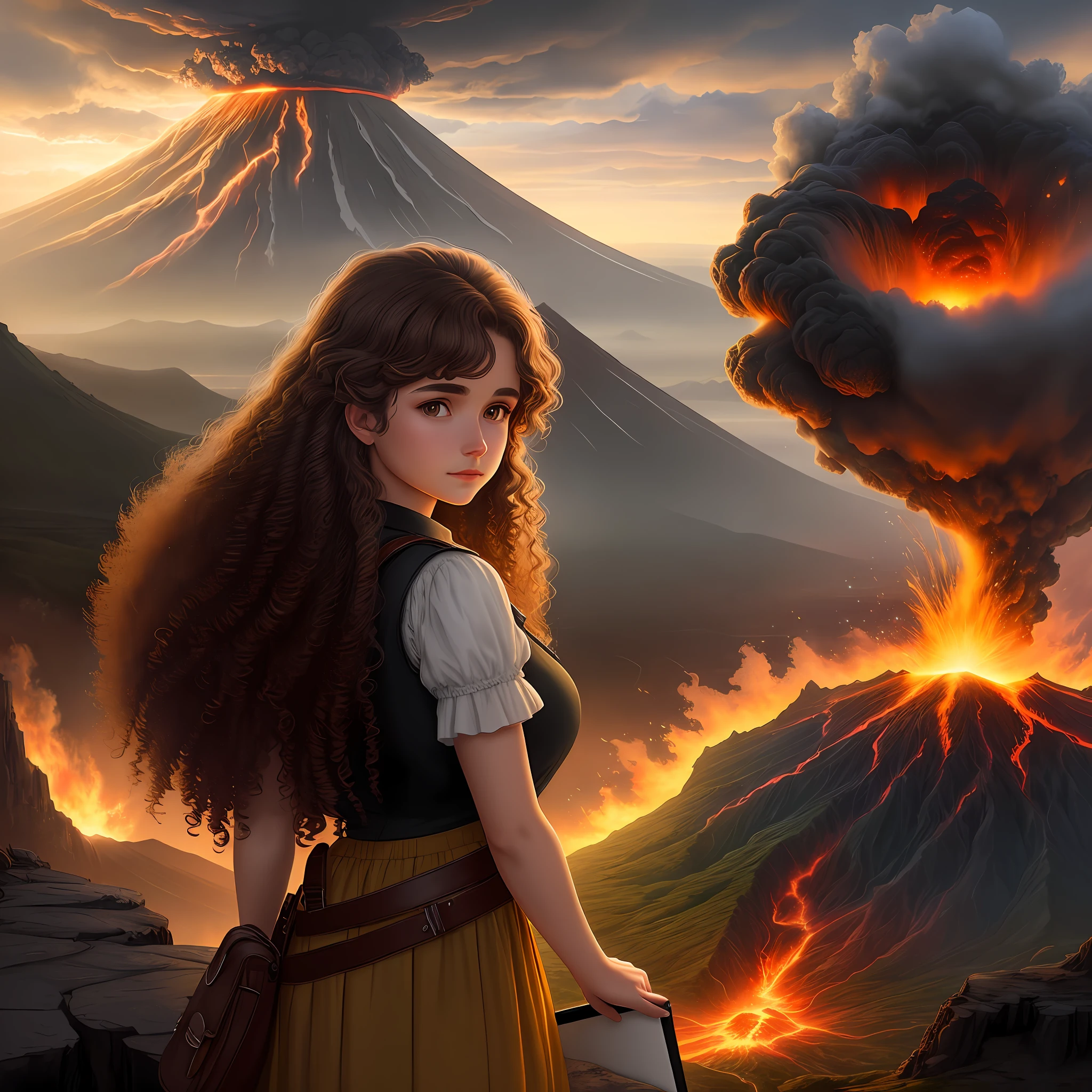 Drawing, fantasy, realism, high detail, cliff, 26-year-old girl with curly brown hair, looking at an erupting volcano, 8kk
