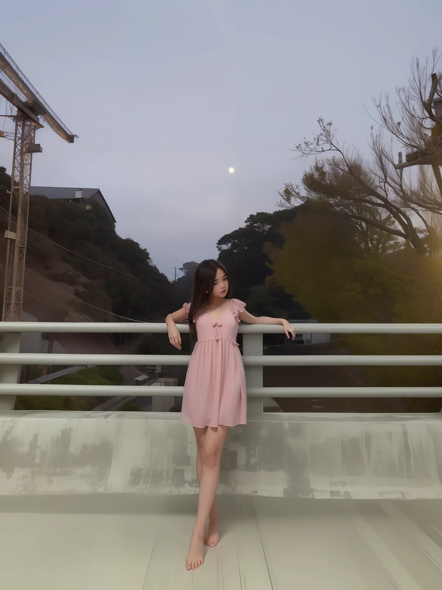 1girl, standing on the platform of bridge, in middle of bridge,  by the side of the road, in evening, moon light, barefoot, wearing pink short gown, curtain grab, curtains, covered navel, covered, black hair, sheet grab, standing, raised head a little and looked at the sky, smile, solo, tail, lily_\(flower\), looking a viewer, (flat chest:1.2), solo, beautiful and delicate detailed girl, illustration, unity 8k wallpaper, masterpiece, best quality, ultra detailed beautiful hands