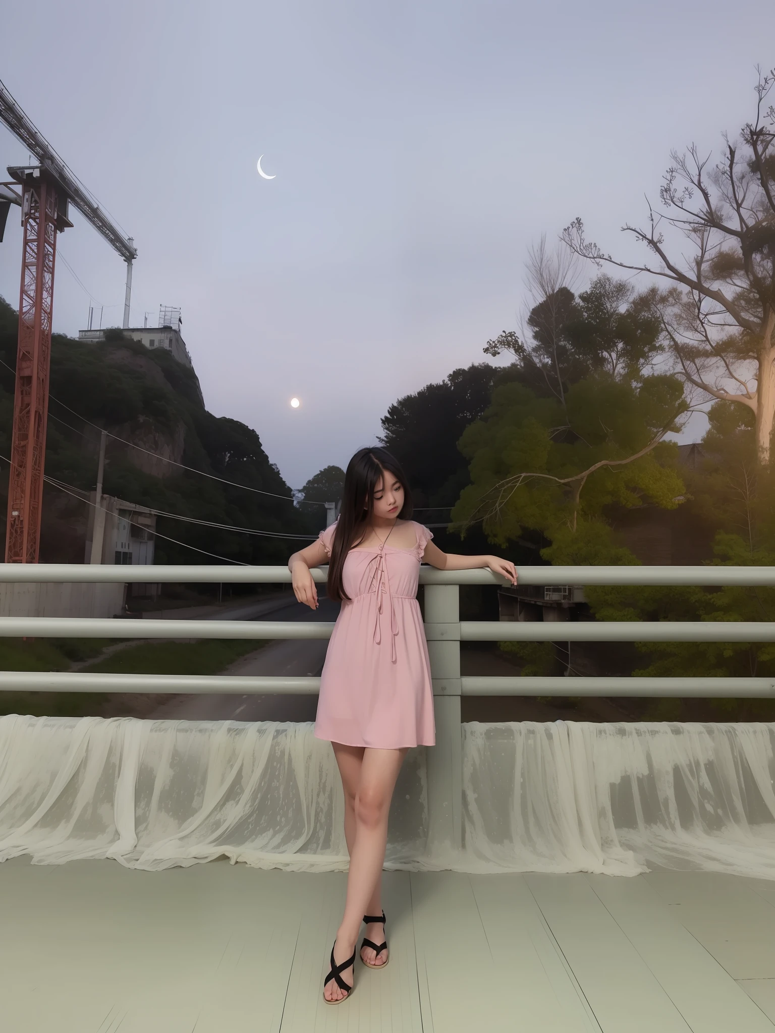 1girl, standing on the platform of bridge, in middle of bridge,  by the side of the road, in evening, moon light, barefoot, wearing pink short gown, curtain grab, curtains, covered navel, covered, black hair, sheet grab, standing, raised head a little and looked at the sky, smile, solo, tail, lily_\(flower\), looking a viewer, (flat chest:1.2), solo, beautiful and delicate detailed girl, illustration, unity 8k wallpaper, masterpiece, best quality, ultra detailed beautiful hands