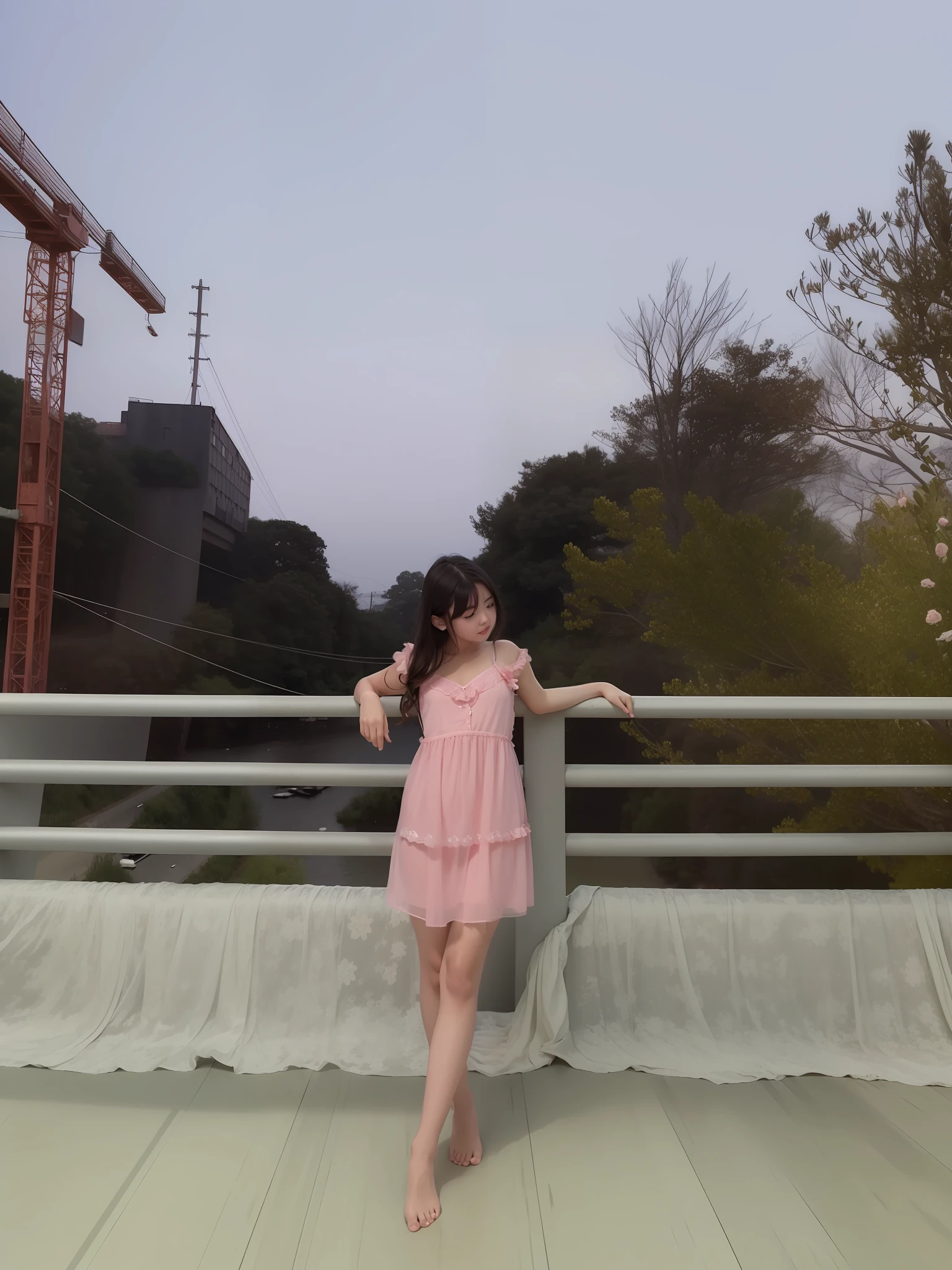 1girl, standing on the platform of bridge, in middle of bridge,  by the side of the road, in evening, moon light, barefoot, wearing pink short gown, curtain grab, curtains, covered navel, covered, black hair, sheet grab, standing, raised head a little and looked at the sky, smile, solo, tail, lily_\(flower\), looking a viewer, (flat :1.2), solo, beautiful and delicate detailed girl, illustration, unity 8k wallpaper, masterpiece, best quality, ultra detailed beautiful hands