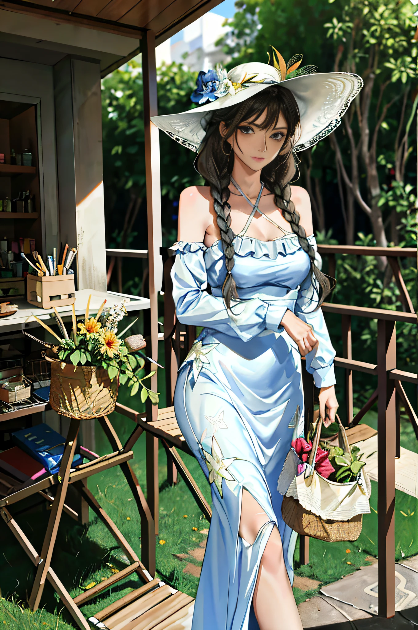 (masterpiece:1.2, best quality), 1lady, solo, upper body, big tits, latexskin
Elegant and flowy maxi dress in a vibrant color or pattern
Polished and radiant with natural-looking makeup and loose waves
Beachside resort or a garden party
Floppy sun hat and oversized sunglasses, with a straw tote bag to complete the look
Loose waves or braided updo, with floral hair accessories for a touch of whimsy