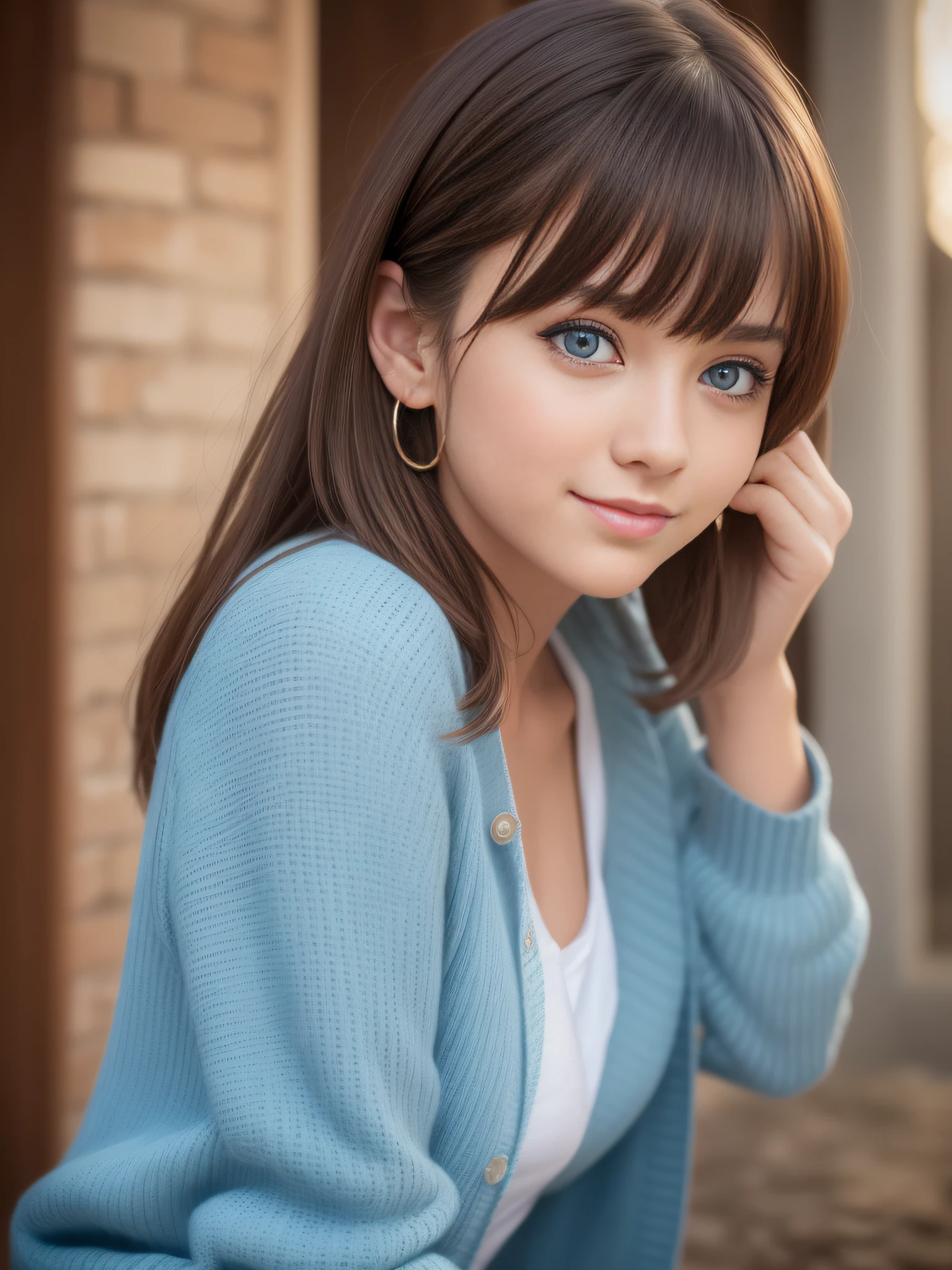 (RAW Photo: 1.2), (Realistic: 1.4), (Masterpiece: 1.3), (Best Quality: 1.4), Ultra High Resolution, HDR, 8k Resolution, Dreamy, Check Review, Review Request, Landscape, (No Text)), Individual Focus, (Detailed Eyes), (Detailed Facial Features), (Detailed Clothing Features), Skin Tightness, (Shiny Skin), (Slim), (Slim), (Beautiful Face), 1 Boy, Virtual Girl-Jen, Young, Bangs, Brunette blue eyes, stud earrings, loose shirt, smile, shy, cute, looking straight at the camera,