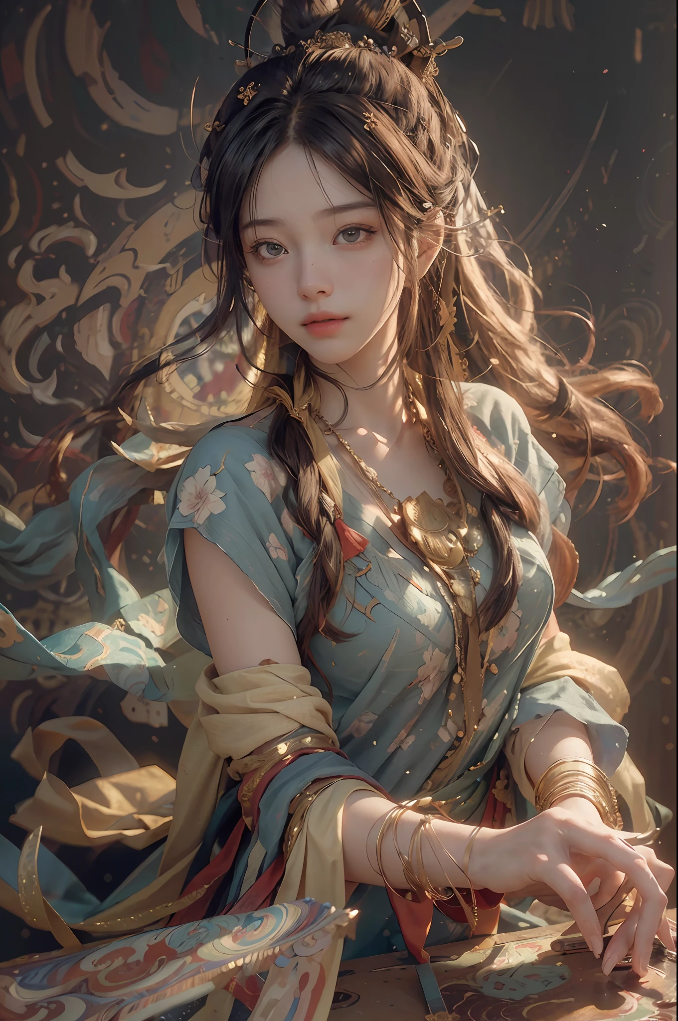(RAW photo, best quality), (realistic, photo-realistic:1.3),best quality,highly detailed,masterpiece,ultra-detailed,illustration,1girl,upper_body,dynamic angle,world masterpiece theater,messy_long_hair,best quality,extremely detailed CG unity 8k wallpaper,ink,Amazing,cinematic lighting,lens_flare, dunhuang_style