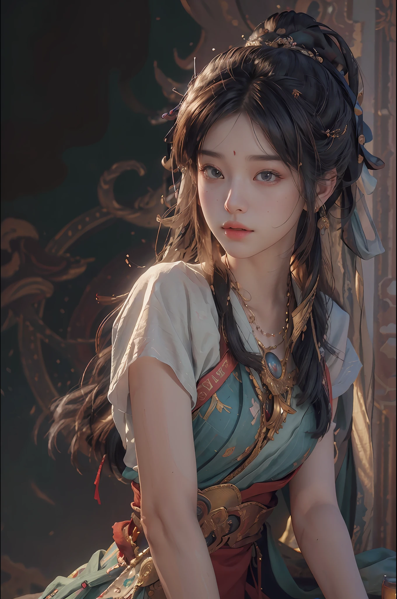 (RAW photo, best quality), (realistic, photo-realistic:1.3),best quality,highly detailed,masterpiece,ultra-detailed,illustration,1girl,upper_body,dynamic angle,world masterpiece theater,messy_long_hair,best quality,extremely detailed CG unity 8k wallpaper,ink,Amazing,cinematic lighting,lens_flare, dunhuang_style