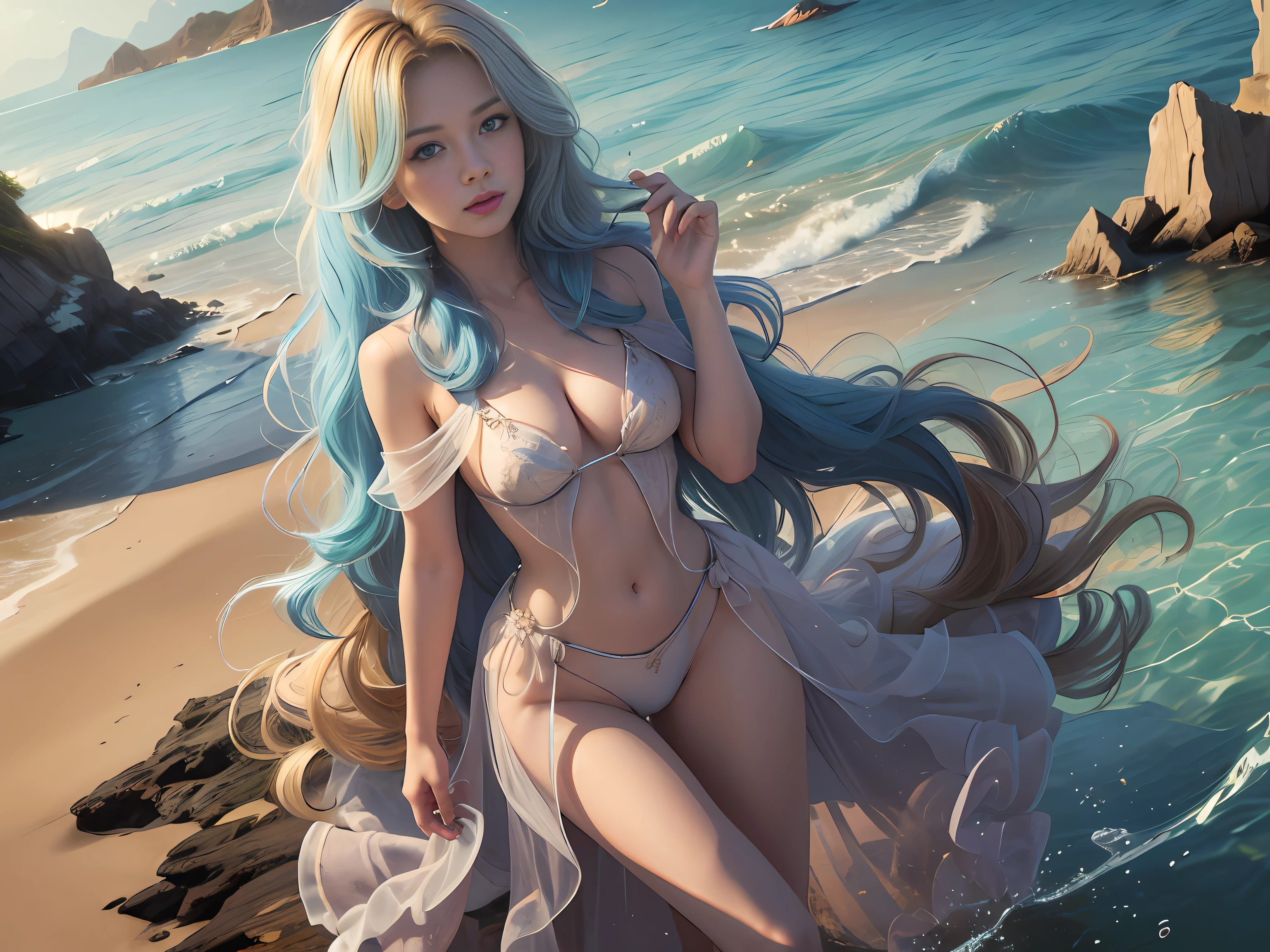 (masterpiece, best quality, 1girl, full body, nature, reeds, bloom, light smile, long hair, blue hair, blue eyes, pov: 1.8), (hourglass body: 1) (2 hands: 1) (easter eggs: 1.3) (5 fingers: 1) (super high quality: 1.5), 1 thumb,4fingers,Blonde girl stands on the sandy beach of the island, the sun shines on her shiny blonde hair --auto --s2