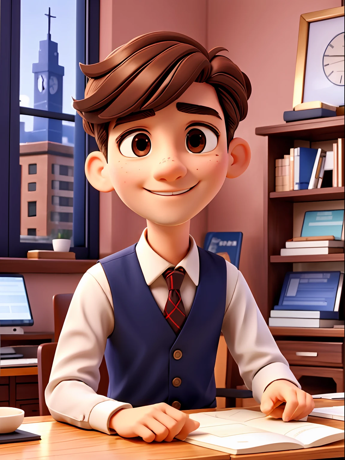masterpiece, best quality, an man in 30, no glasses, with formal suit, career is a bank, perfect eyes, brown hair, looking at a screen with stock market data, holding a calculator, looks busy