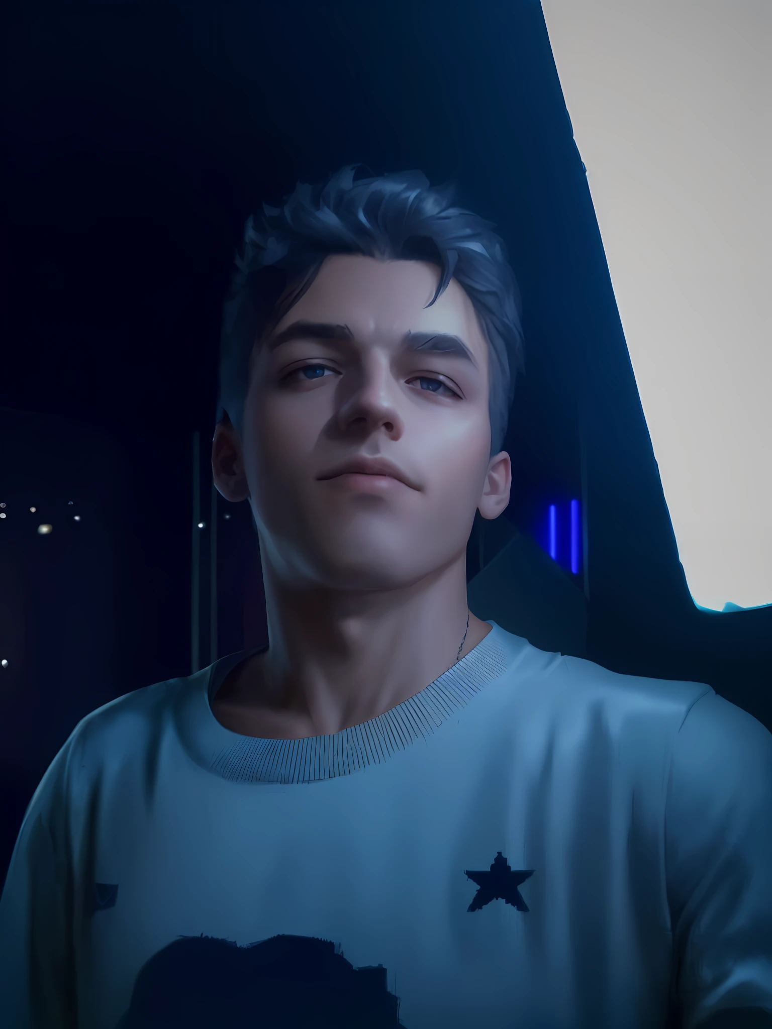 (extremely detailed CG 8k wallpaper unit, masterpiece, best quality, ultra-detailed), (better lighting, better shadow, an extremely delicate and beautiful), floating, dynamic angle, (1boy), (cyberpunk style, neon lights), (gray: 1.3 + purple + green: 1.2 + blue: 0.9) hair, (cyberpunk costume: 1.3), (anime style drawing), metallic silver accessories, bright eyes, high resolution, 3D art, in the style of unreal engine 5