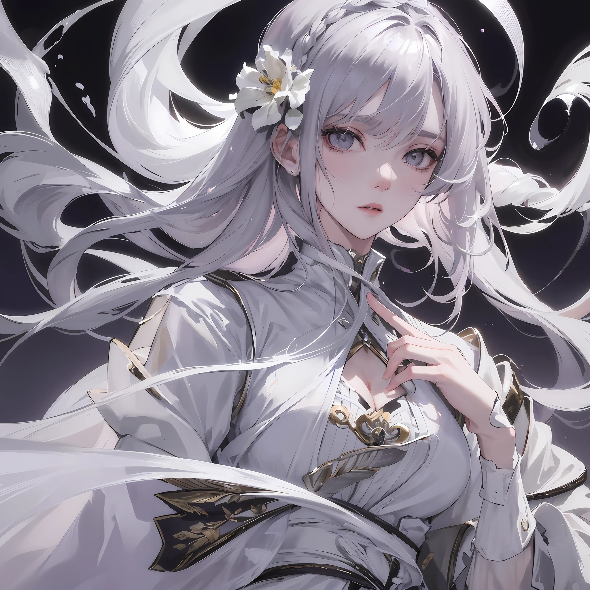 Masterpiece, Superb Girl, Night Moon Full Moon, 1 Female, Mature Woman, Sister, Royal Sister, Cold Face, Expressionless, Silver-White Long-Haired Woman, Light Pink Lips, Calm, Intellectual, Three-banded Gray Eyes, Assassin Short Knife, Flower Ball Background, Hand Details, Finger Details, Facial Details, Eye Details,