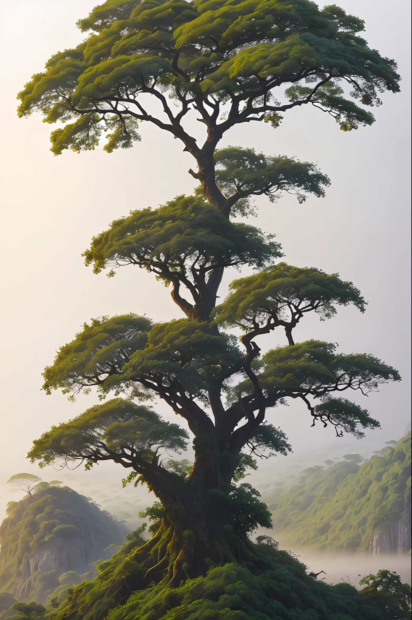 (best quality), [ (landscape:1.2), (nature:1.1), (tree:1.2), (morning fog:1.1), (birds on branches), (ancient tree), (deep jungle), (majestic scenery) ], boceto claro y bello