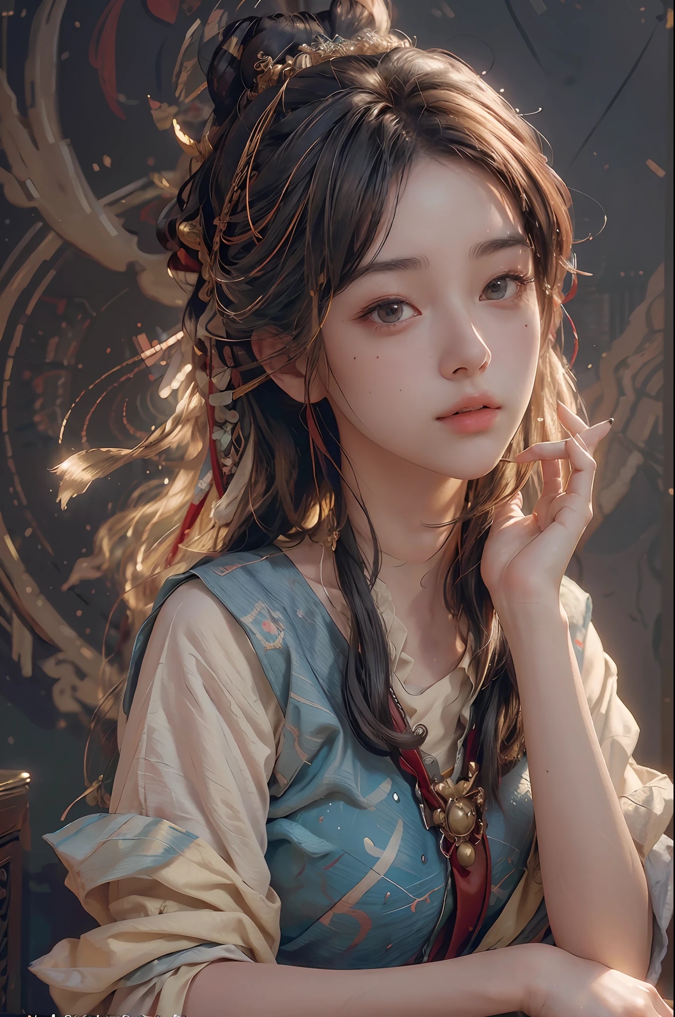 (RAW photo, best quality), (realistic, photo-realistic:1.3),best quality,highly detailed,masterpiece,ultra-detailed,illustration,1girl,upper_body,dynamic angle,world masterpiece theater,messy_long_hair,best quality,extremely detailed CG unity 8k wallpaper,ink,Amazing,cinematic lighting,lens_flare, dunhuang_style