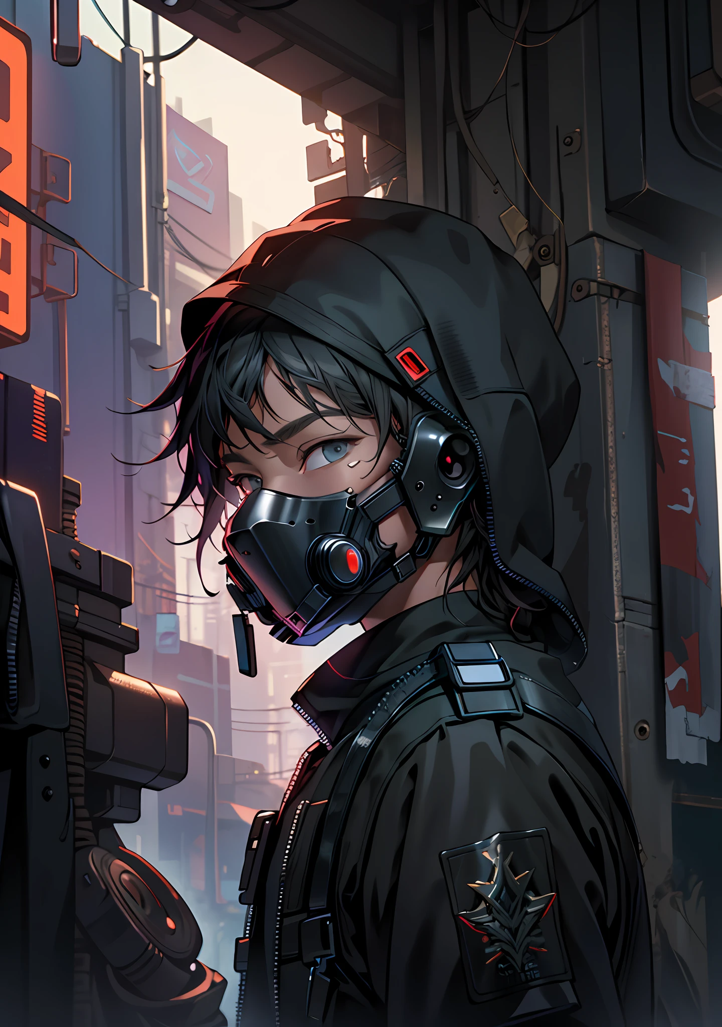 ultra detail, high resolution, ultra detailed, best quality, amazing, top quality, extremely detailed CG unity 8k wallpaper, cinematic lighting, cyberpunk, dark boy, trash gang facemask