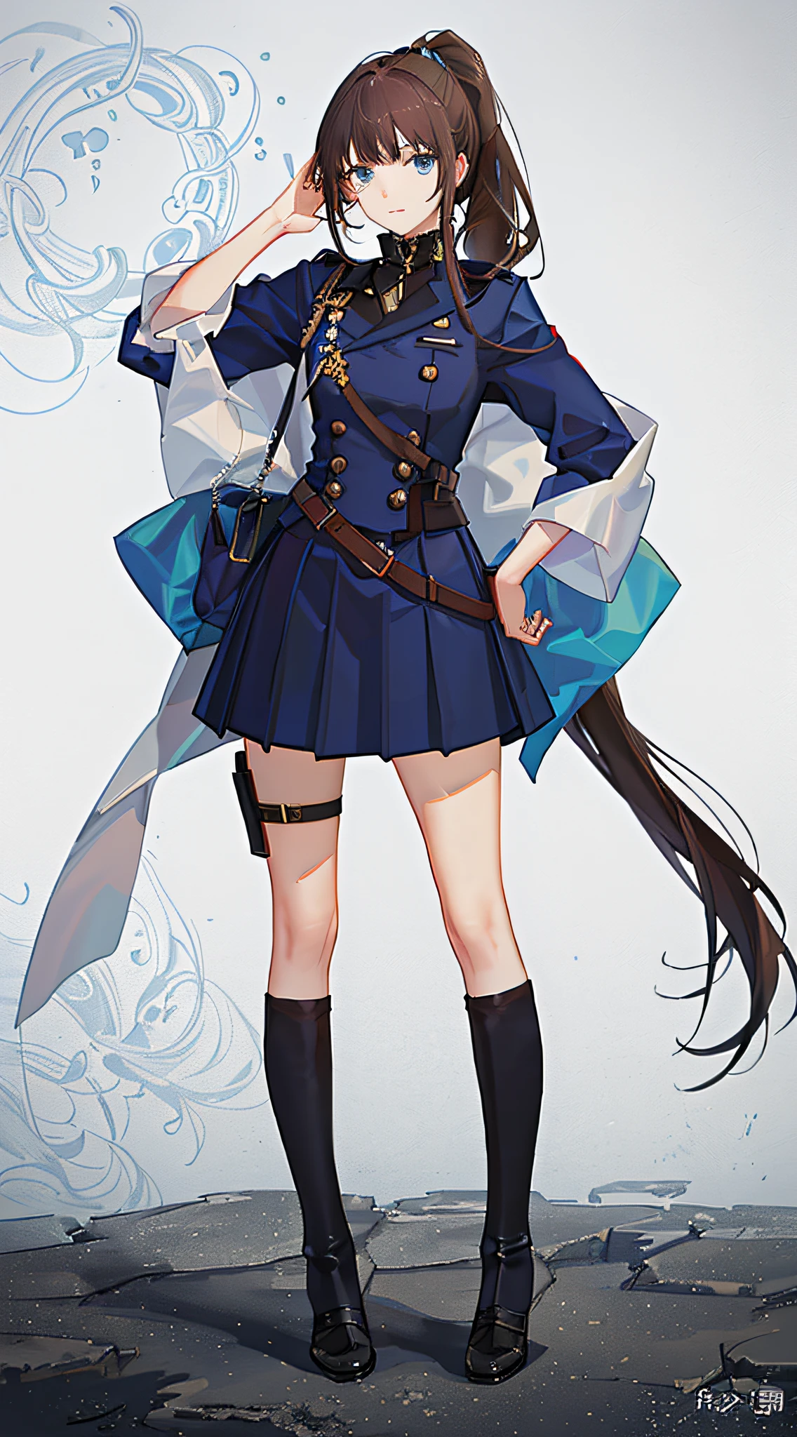 Girly, Uniform, Boots, Full Body, (Facial Details: 1.2), Pure Background, Masterpiece, Fashion, Tokyo, Medium Hair, Brunette Hair, Double Ponytail, Blunt Bangs, Blue Eyes,